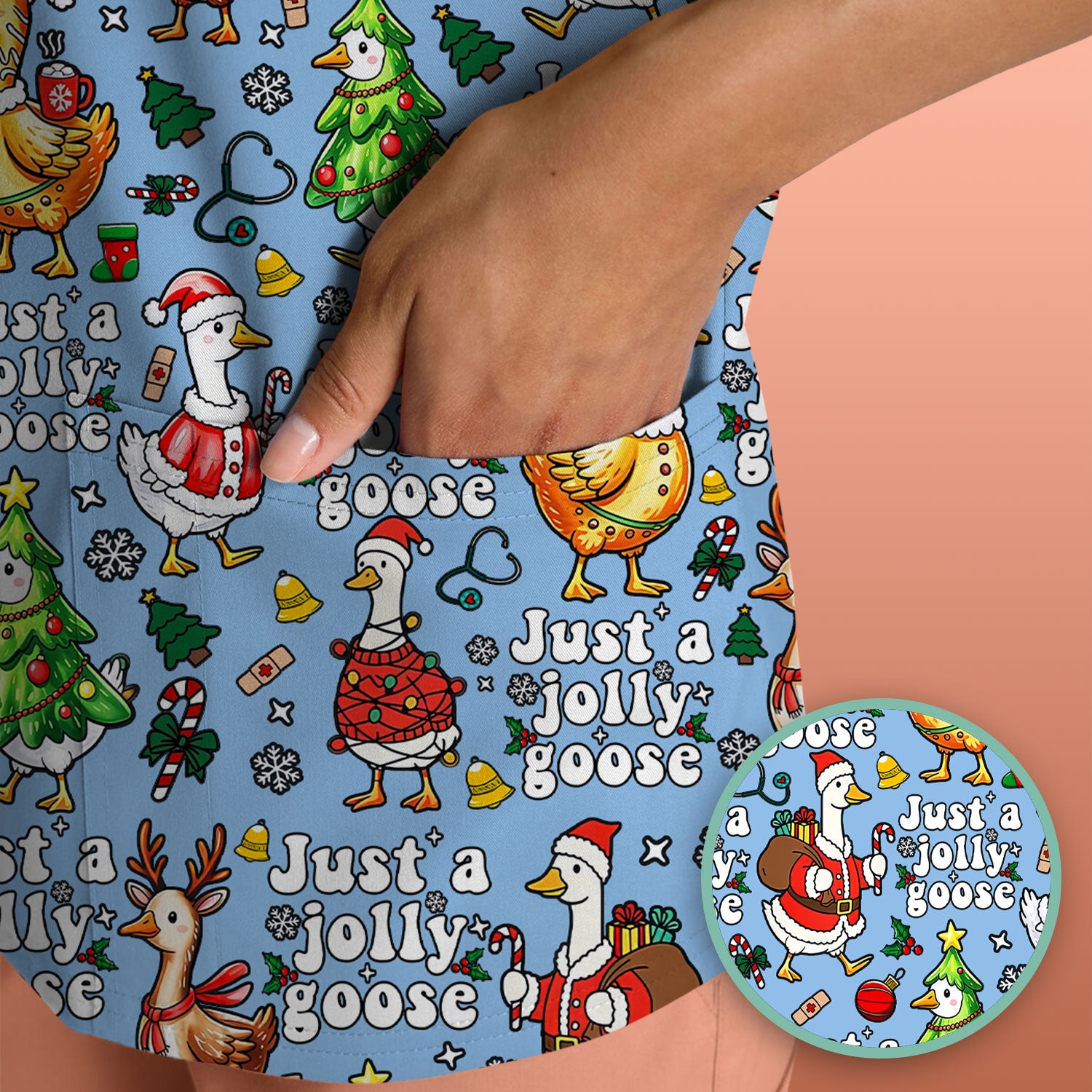 Christmas Goose Scrub Top for Nurse - Funny Jolly Holiday Medical Shirt for Women