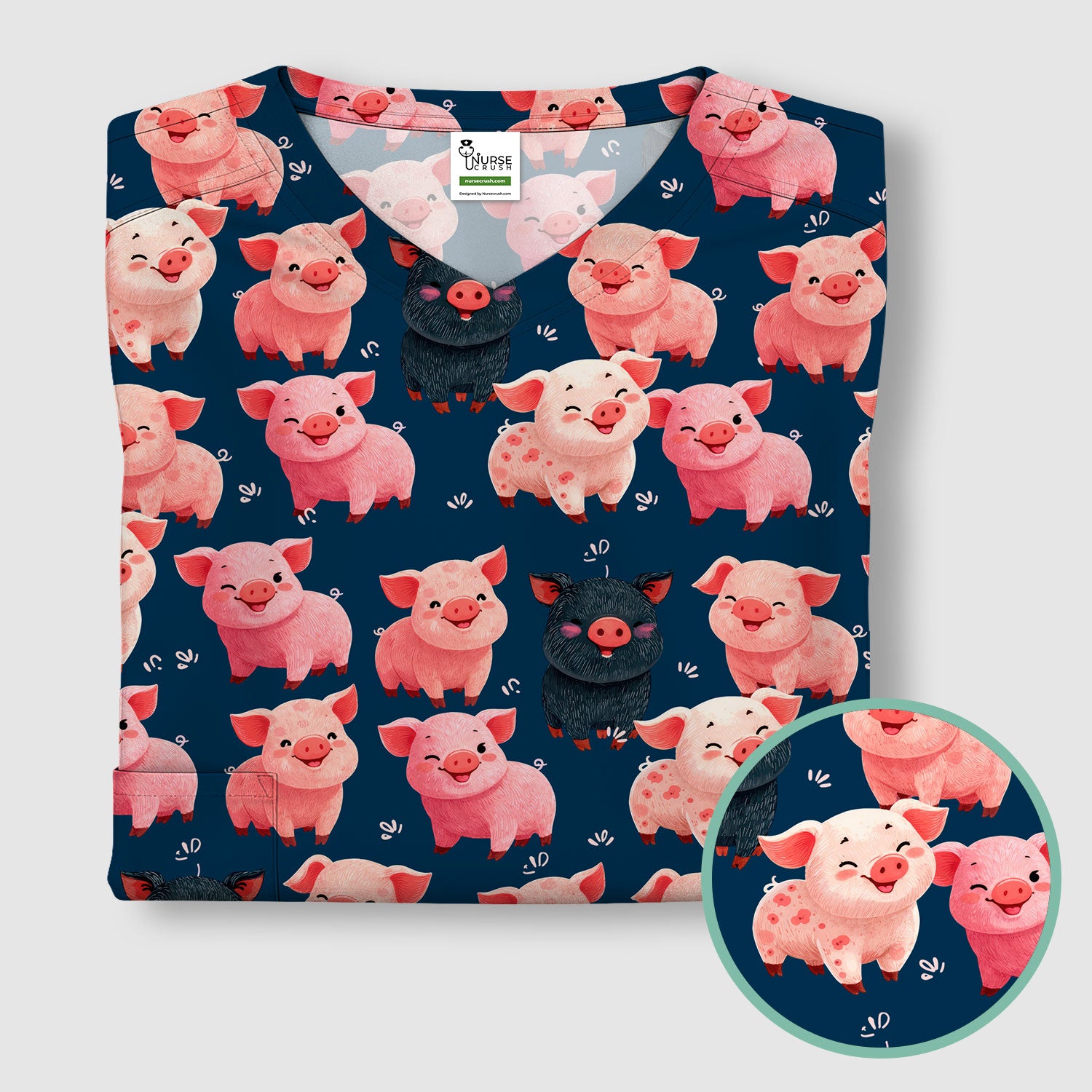 Funny Farm Pig Cartoon Pattern Scrub Top, Comfortable Scrubs for Nurses