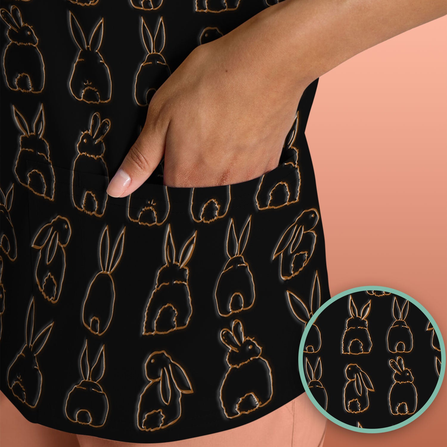 Cartoon Bunny Line Art Pattern Medical Scrub Top, Comfortable Scrubs for Nurses, Easter