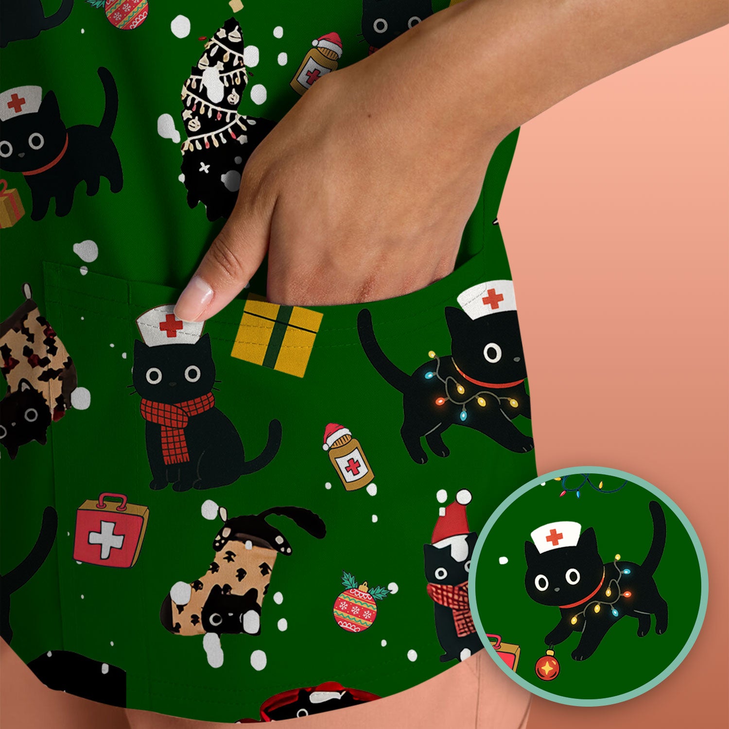Funny Cat Scrub for Women - Christmas Black Cats Comfortable Scrubs for Nurses - Breathable Fabrics Nursing Uniform