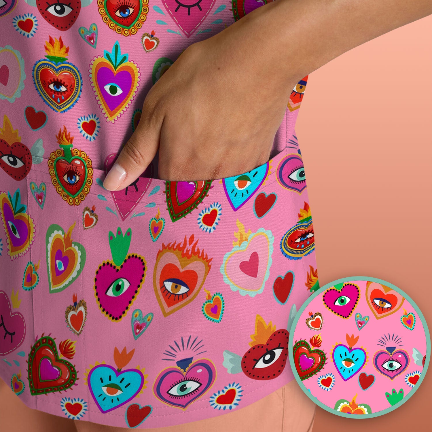Valentine Colorful Sacred Heart Print Medical Scrub Top, Comfortable Scrubs for Nurses