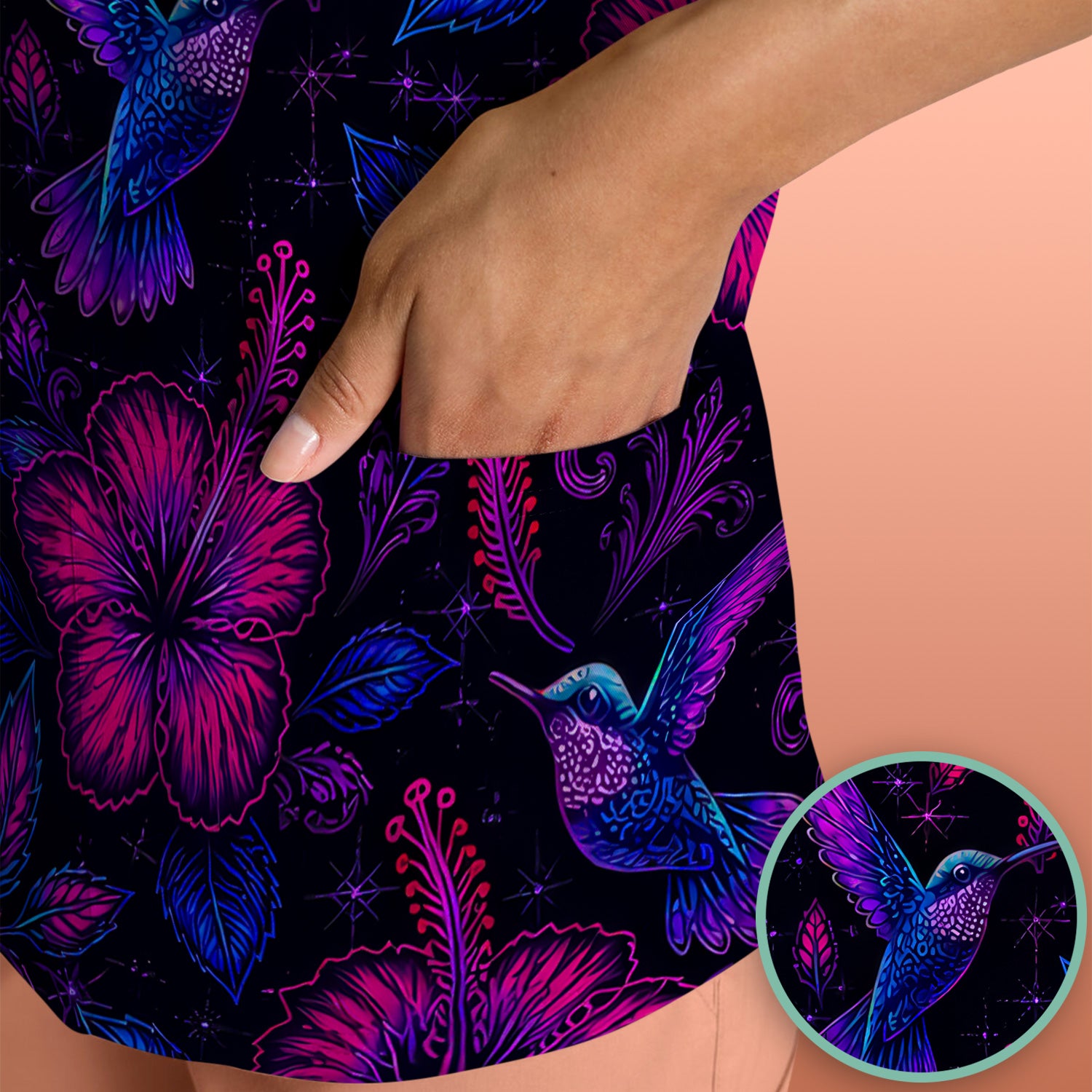 Tropical Hummingbird Hibiscus Floral Pattern Scrub Top, Comfortable Scrubs for Nurses