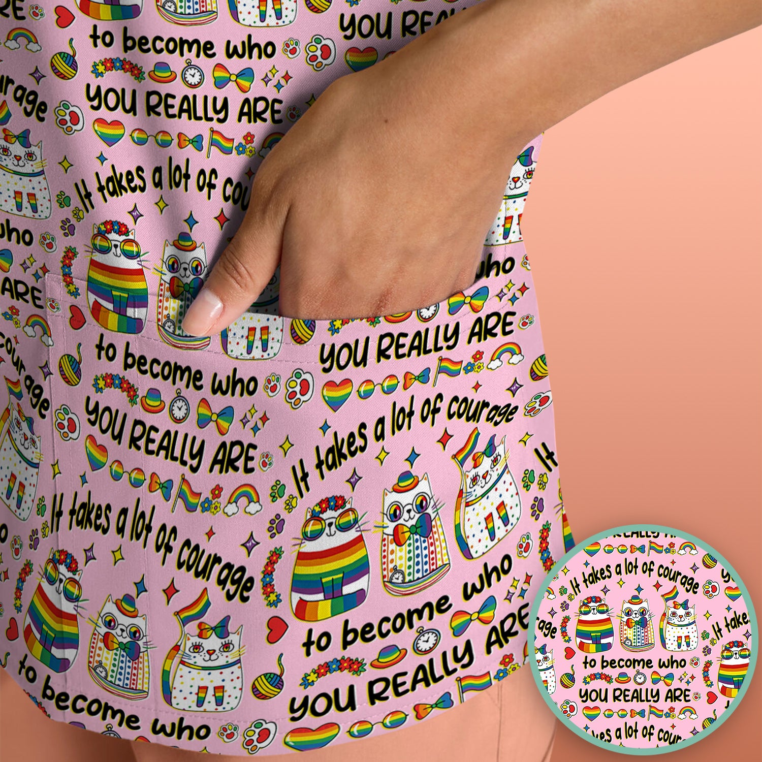 Inspirational Nurse Rainbow Cat Courage Quote Pattern Scrub Top, Breathable Fabrics Nursing Uniform