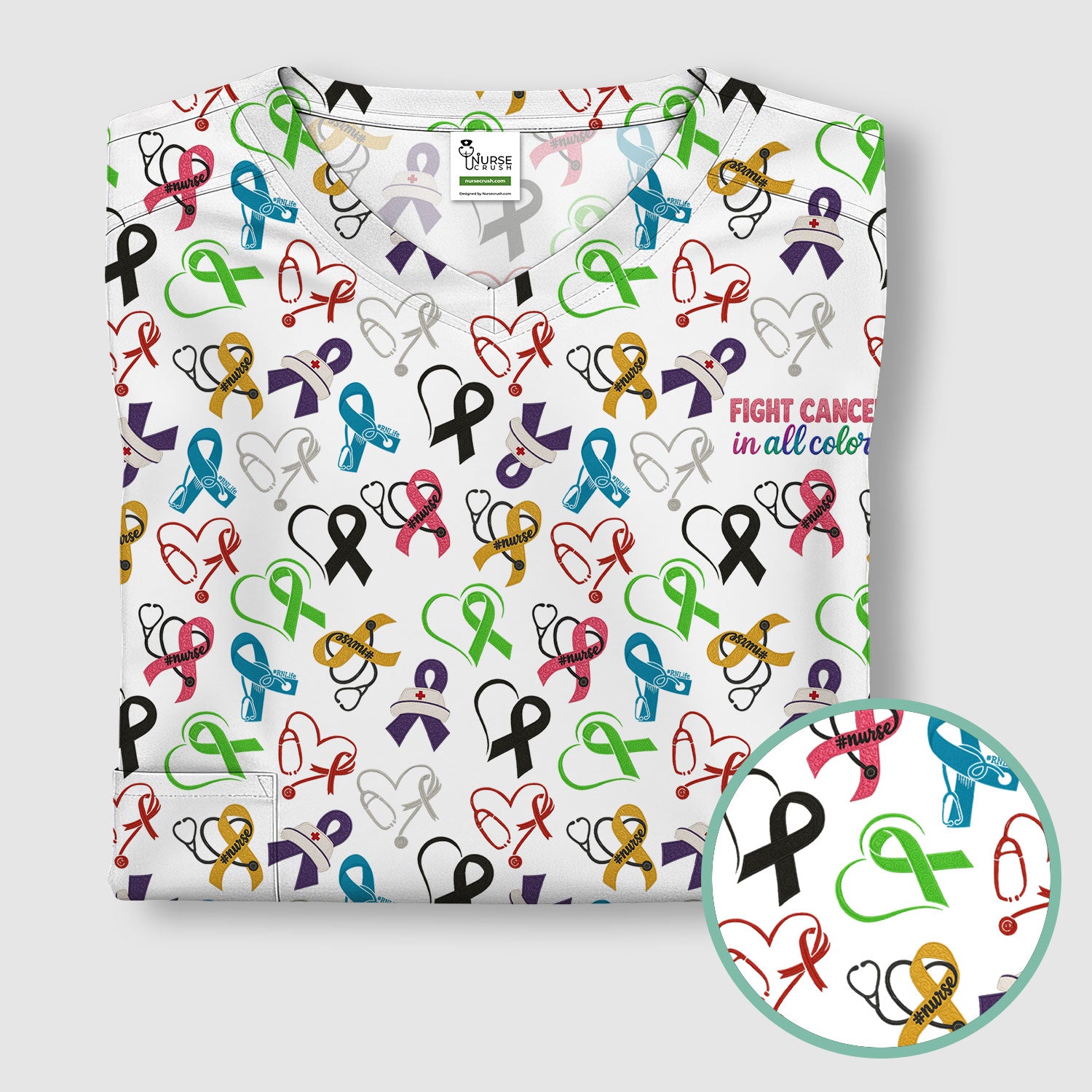 Cancer Awareness Scrub Top - Fight Cancer In All Colors Nurse Shirt - Colorful Ribbon Medical Scrubs Gift with Pockets for Women CNA RN Doctor