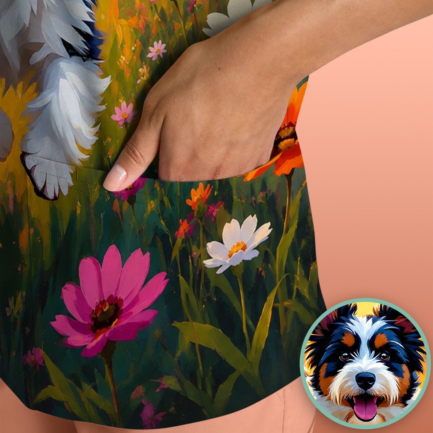 Cute Floral Meadow Dog Print Scrub Top, Comfortable Scrubs for Nurses