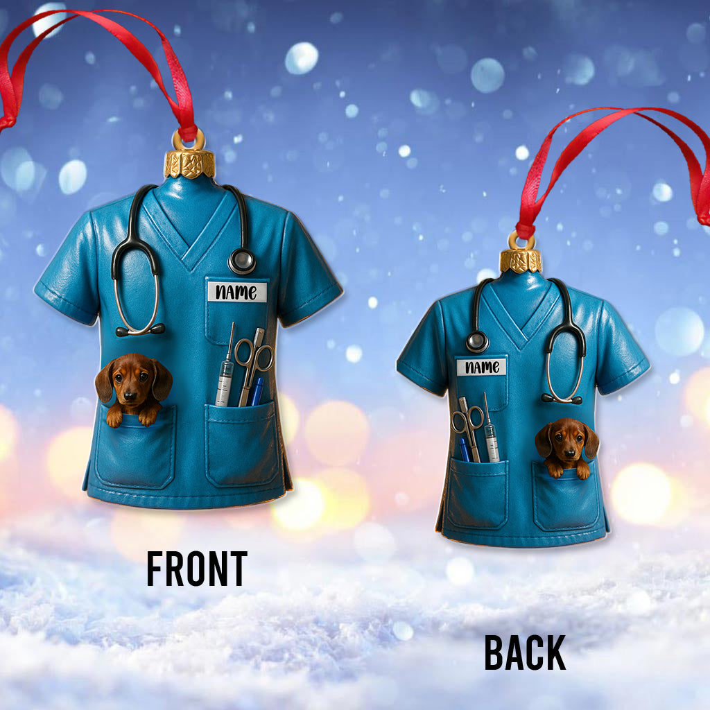 Personalized Nurse Scrub Ornament – Custom Name Pet Pocket Decor, Christmas Medical Gift for Nursing & Vet Workers