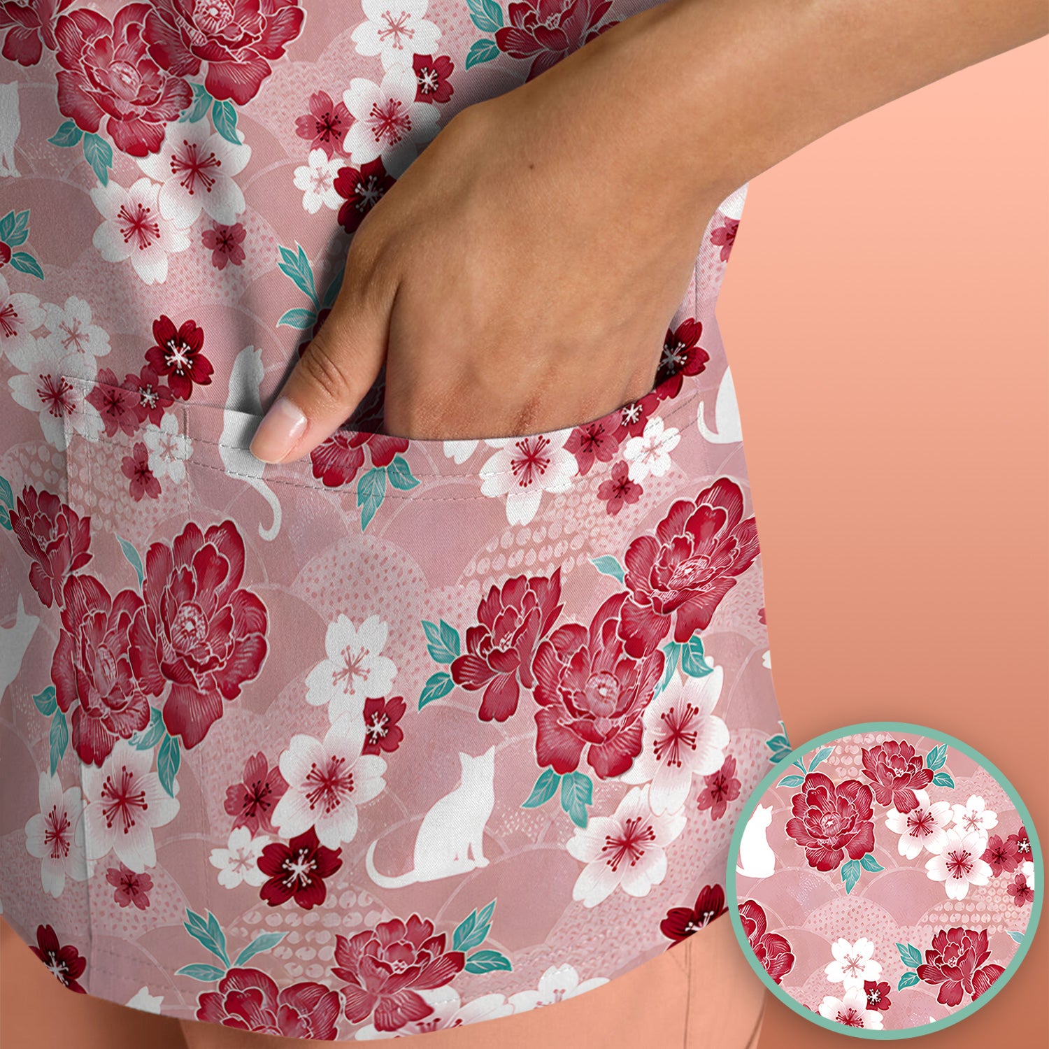 Floral White Cat Nurse Scrub Top for RN, CNA, Veterinary Staff, Cat Lover Uniform