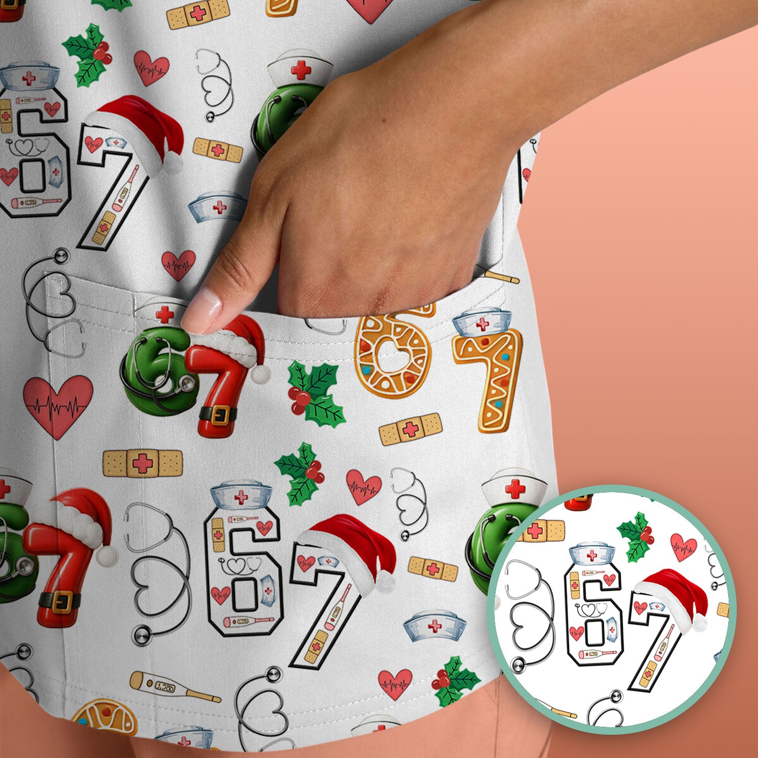 Christmas Nurse 67 Pattern Scrub Top, Cute Holiday Medical Shirt With Santa Hat, Uniform For Nursing