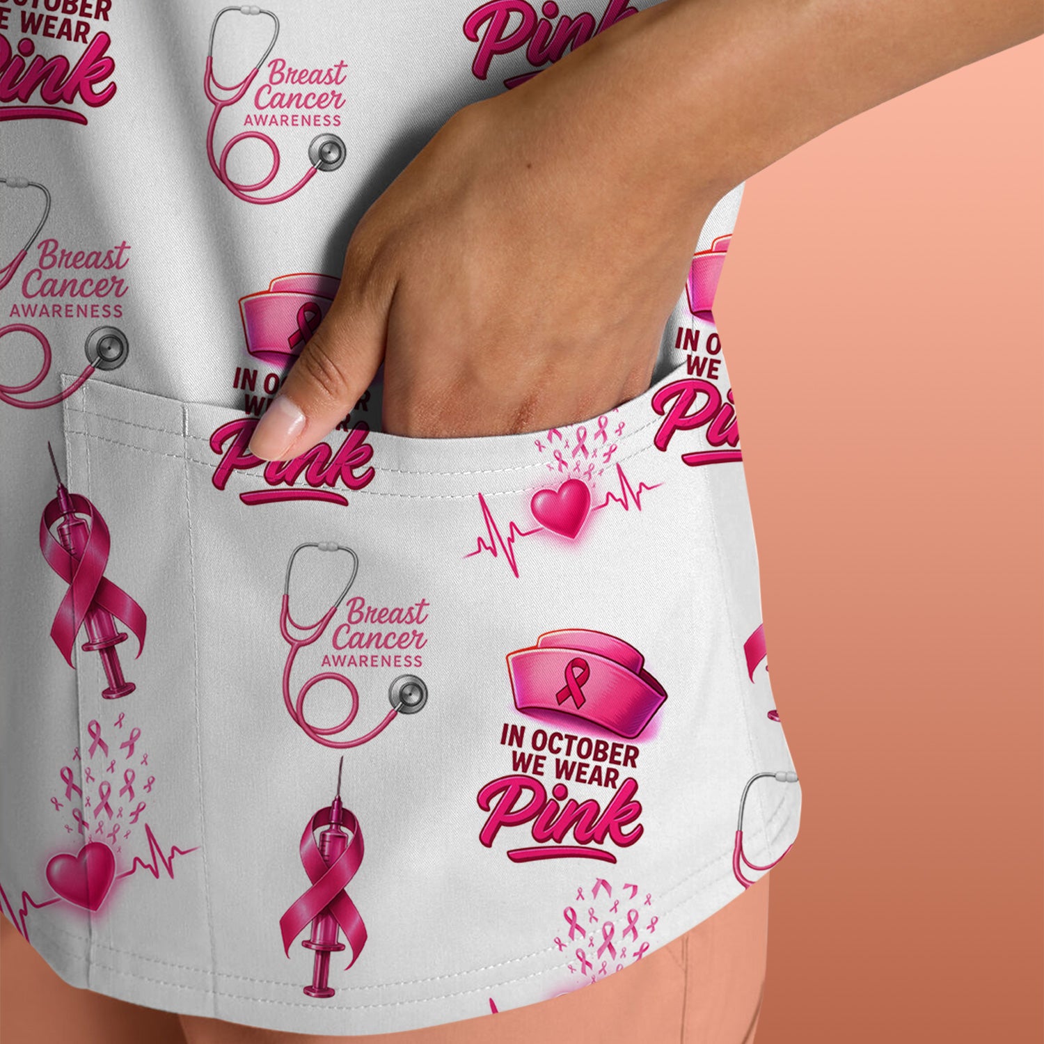Nurse Breast Cancer Awareness Scrub Top - In October We Wear Pink Design - Gift for RN LPN Healthcare Workers