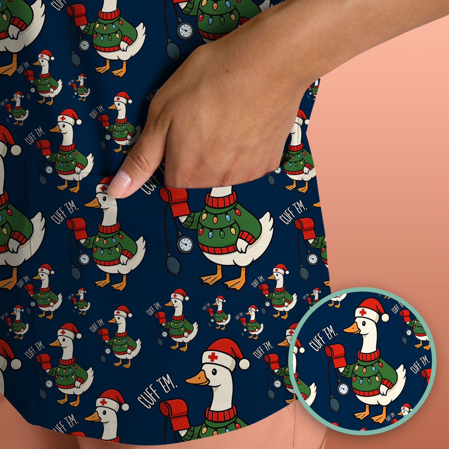 Nurse Christmas Duck Scrub Top, Cute Goose Pattern Scrub Shirt, RN LPN CNA Nursing Uniform