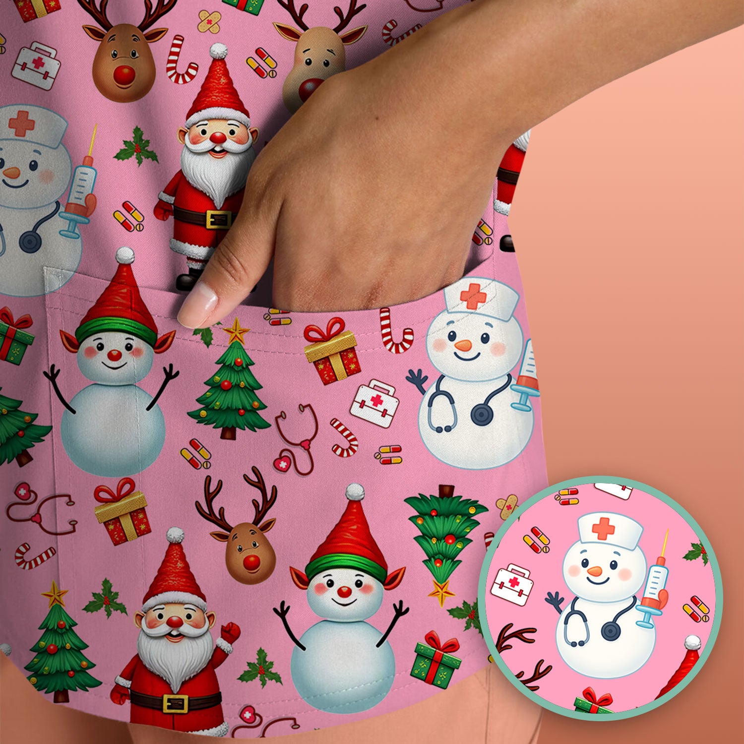 Christmas Nurse Scrub Top - Cute Snowman Santa Reindeer Pattern Medical Shirt - Festive Holiday Scrubs for Women RN CNA LPN