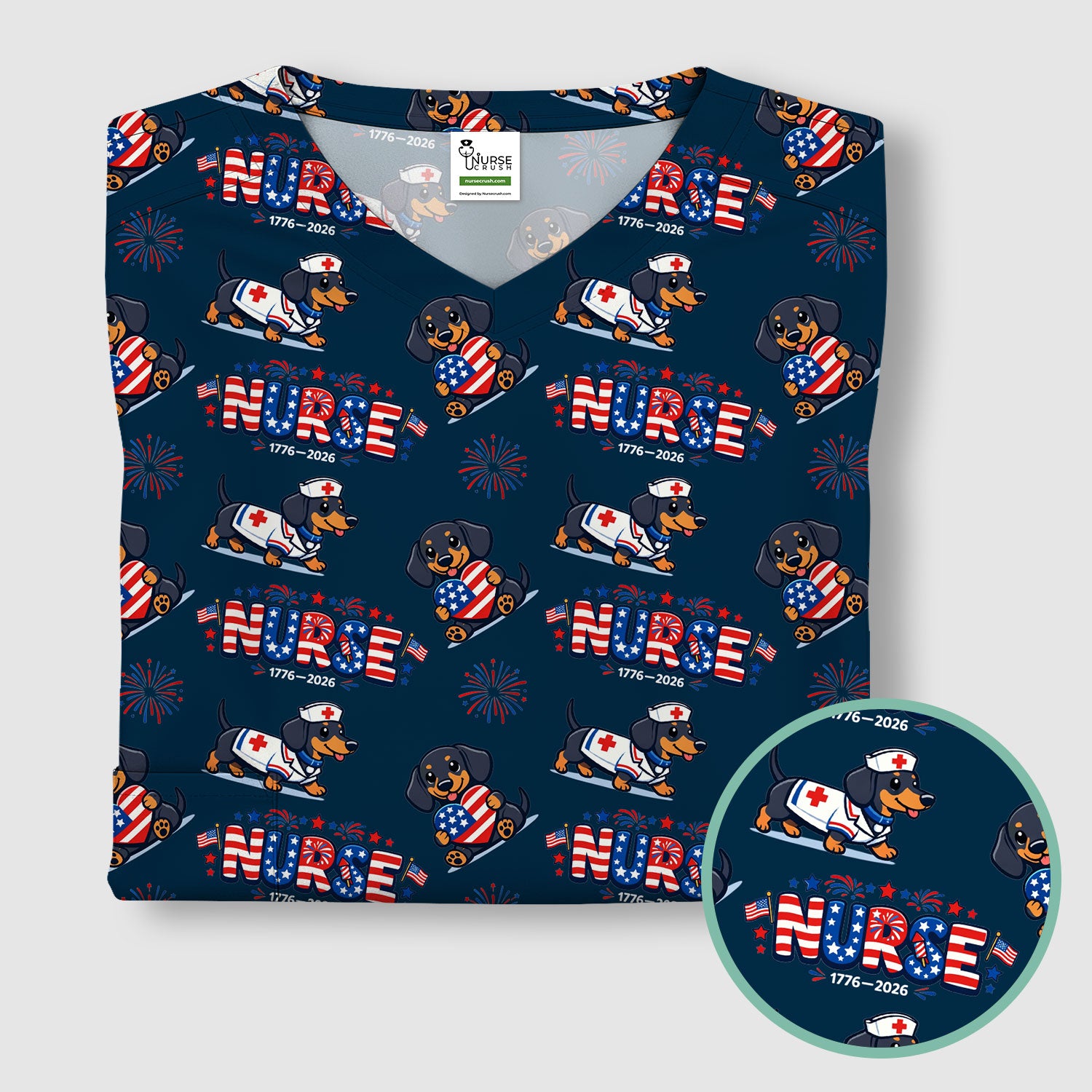 Proud Nurse Patriotic Dachshund Medical Firework Pattern Scrub Top, Comfortable Scrubs for Nurses