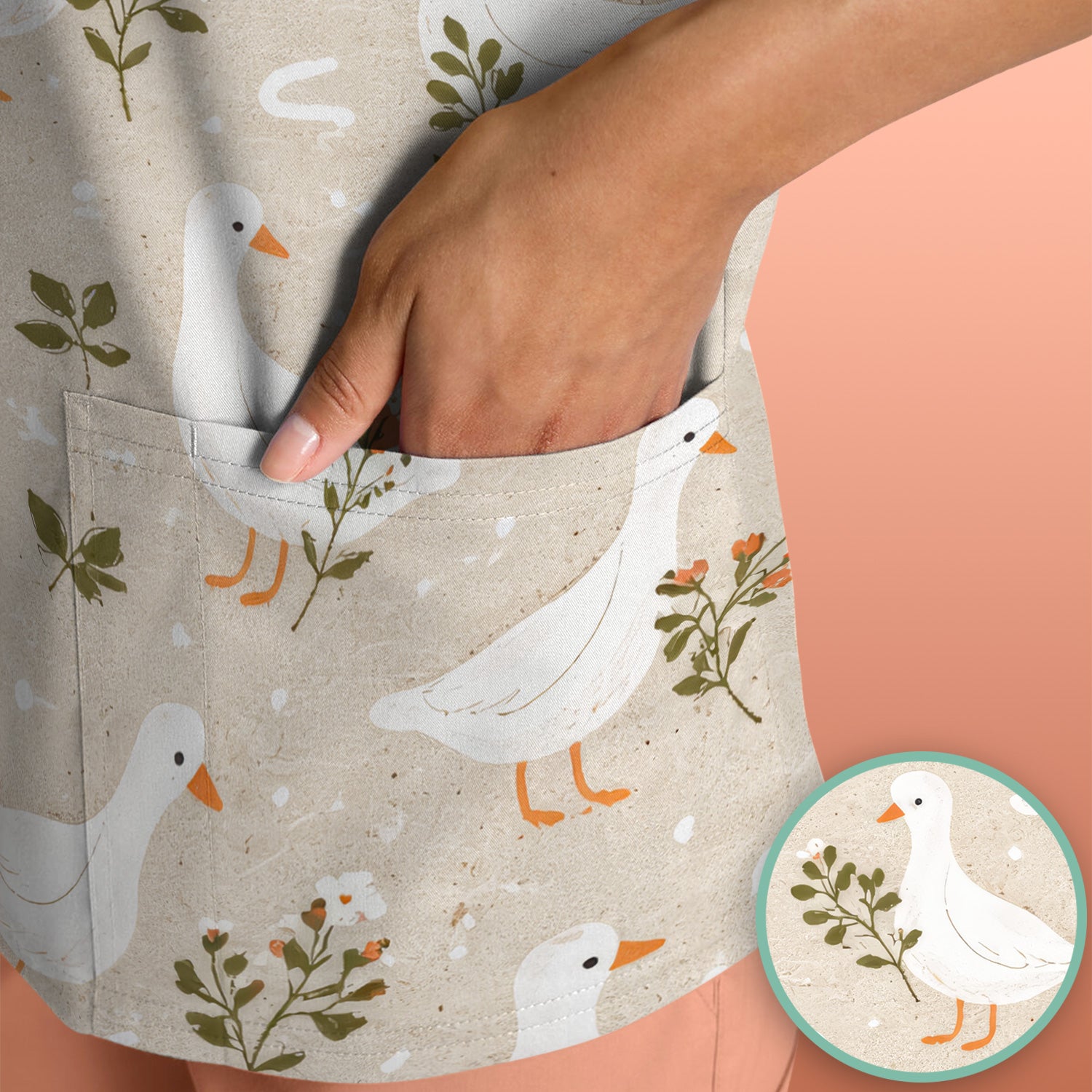White Goose Floral Meadow Pattern Scrub Top, Comfortable Scrubs for Nurses