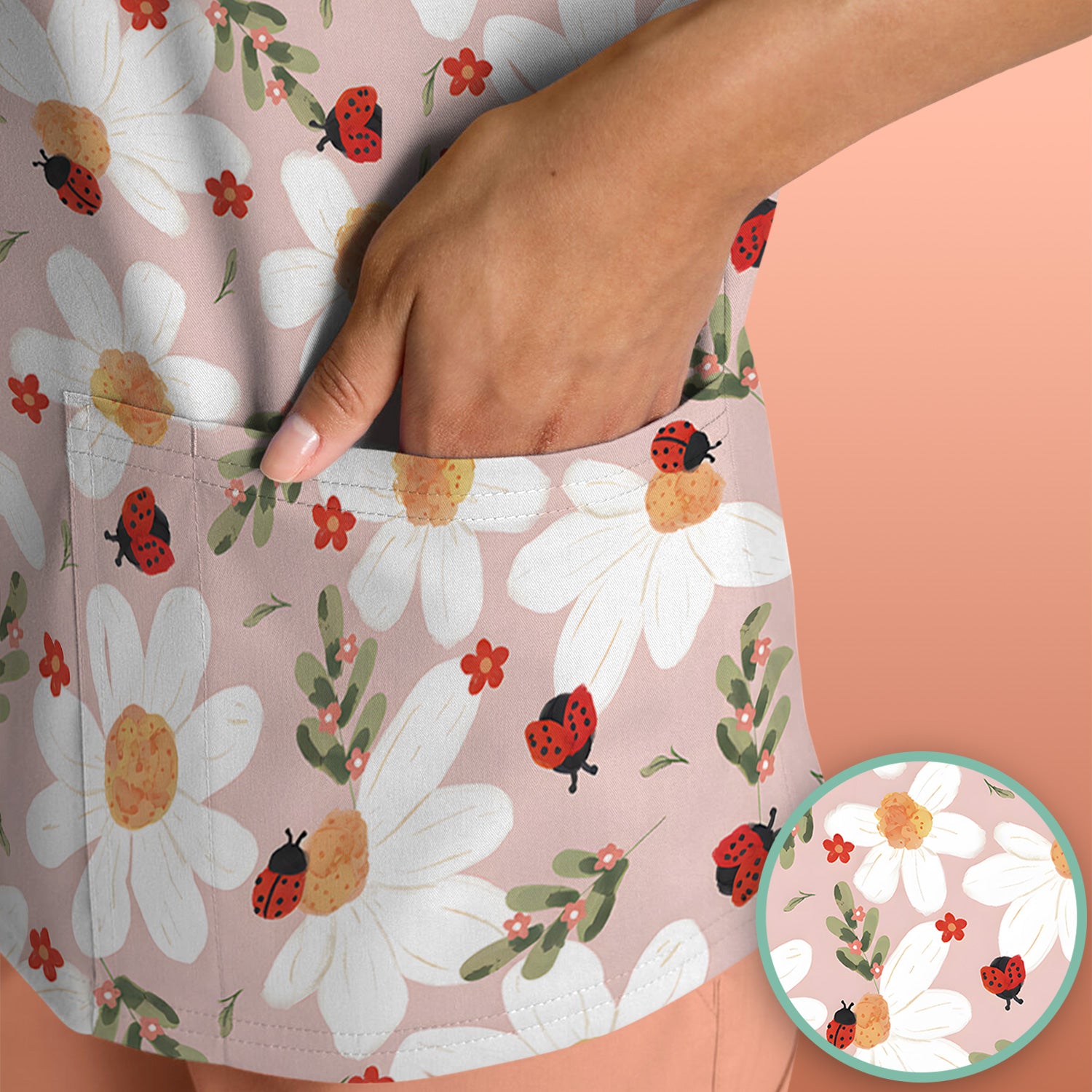 Daisy Ladybug Garden Blossom Pattern Scrub Top, Comfortable Scrubs for Nurses