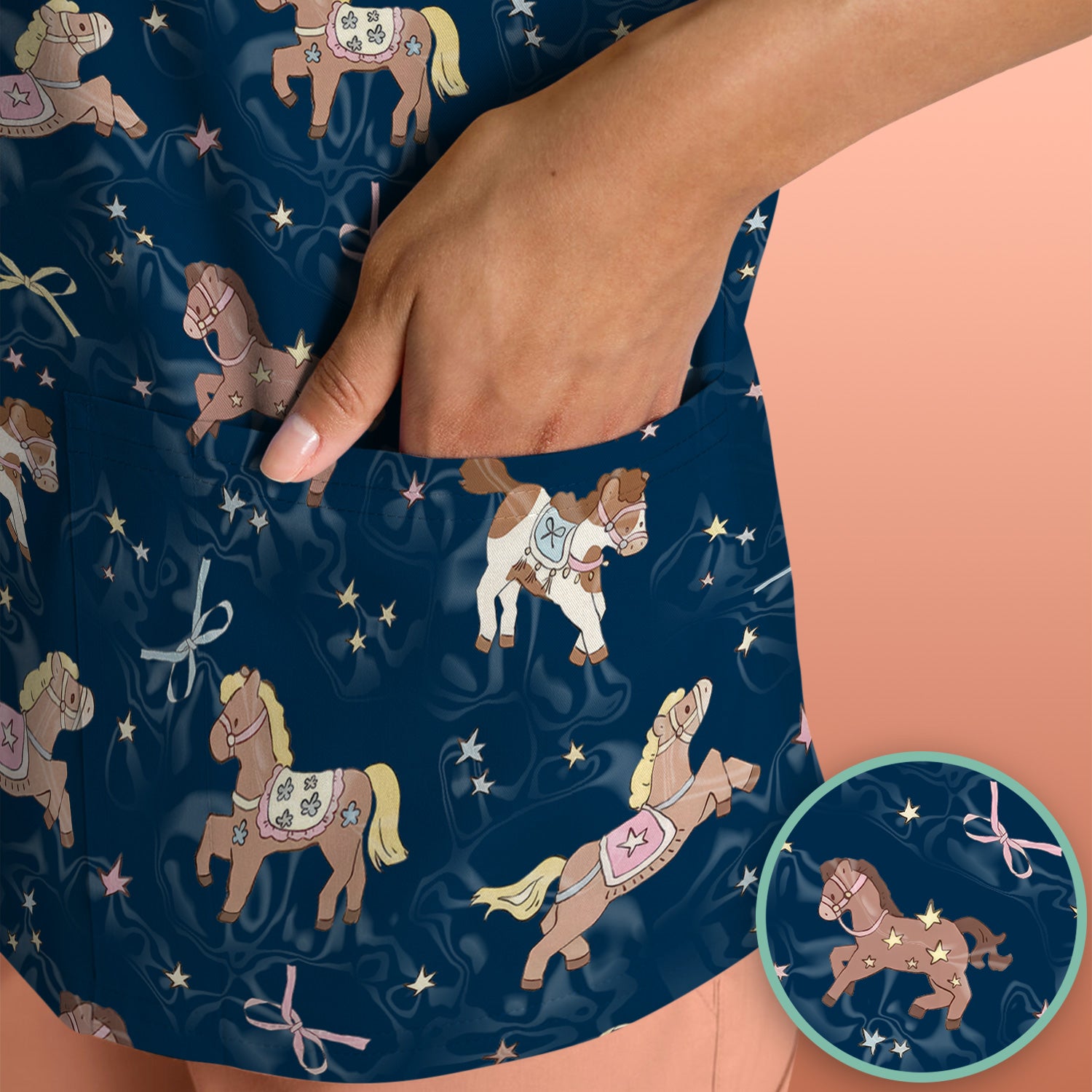 Cute Pony Star Pattern Scrub Top, Comfortable Scrubs for Nurses
