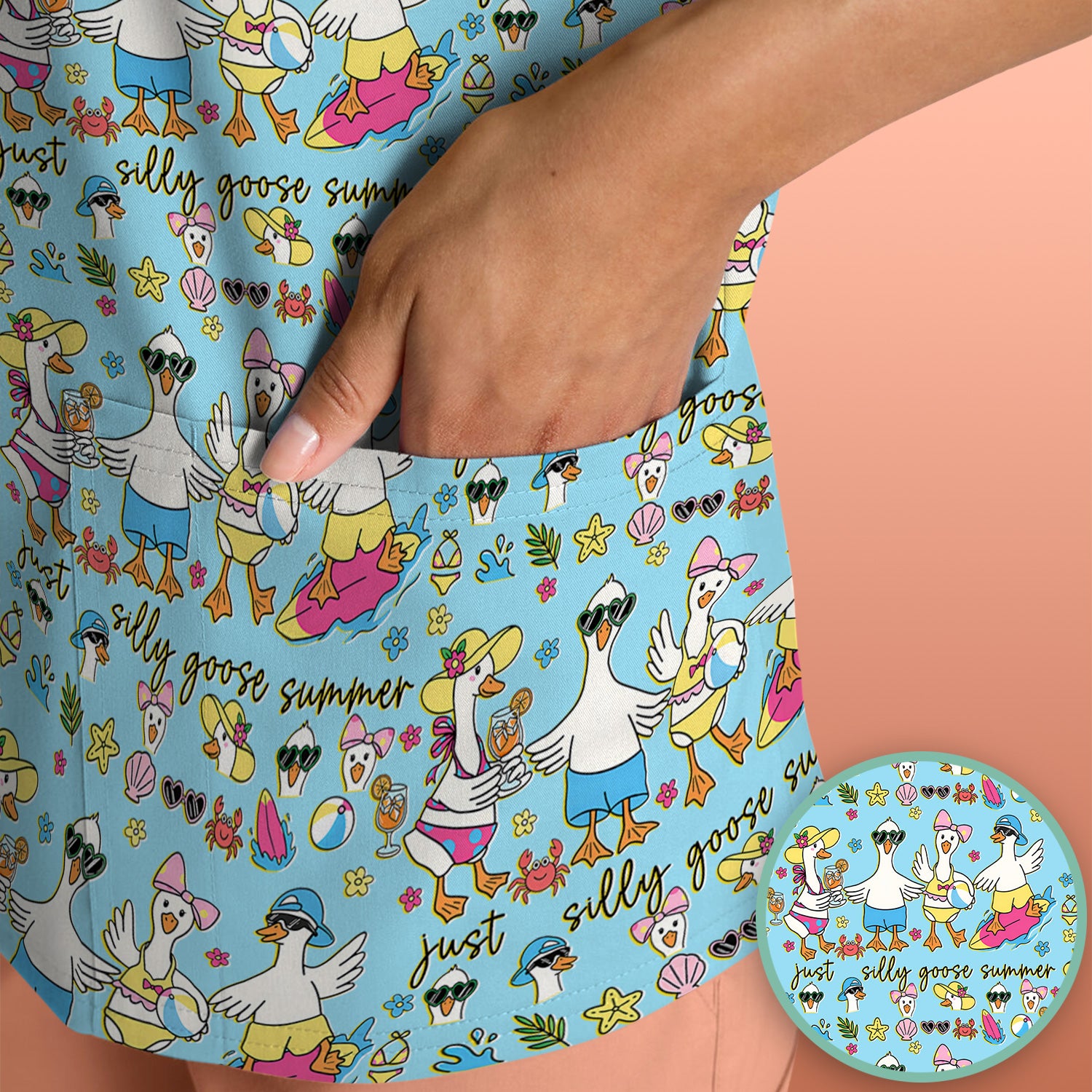 Silly Goose Summer Pattern Scrub Top, Breathable Fabrics Nursing Uniform