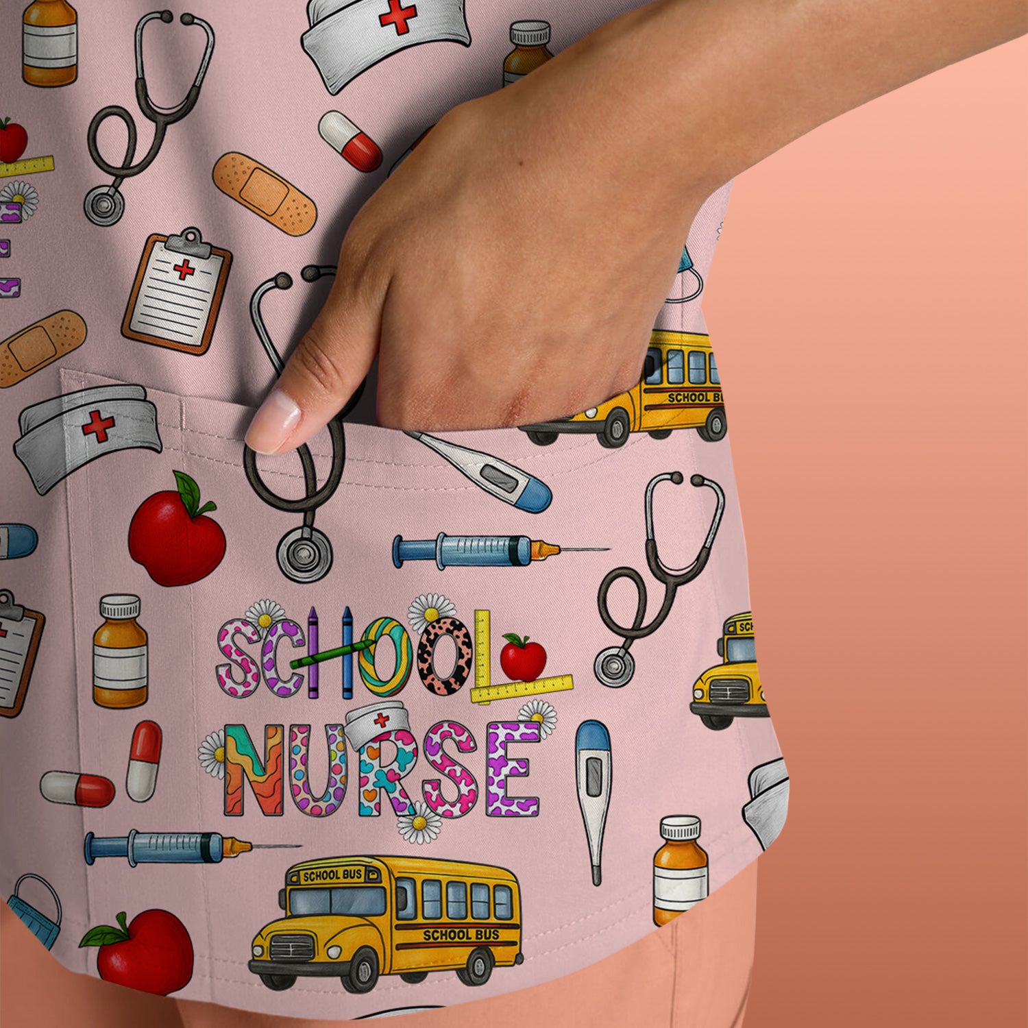 Cute School Nurse Scrub Top - Funny School Bus & Stethoscope Pattern Design - Gift for Women RN LPN