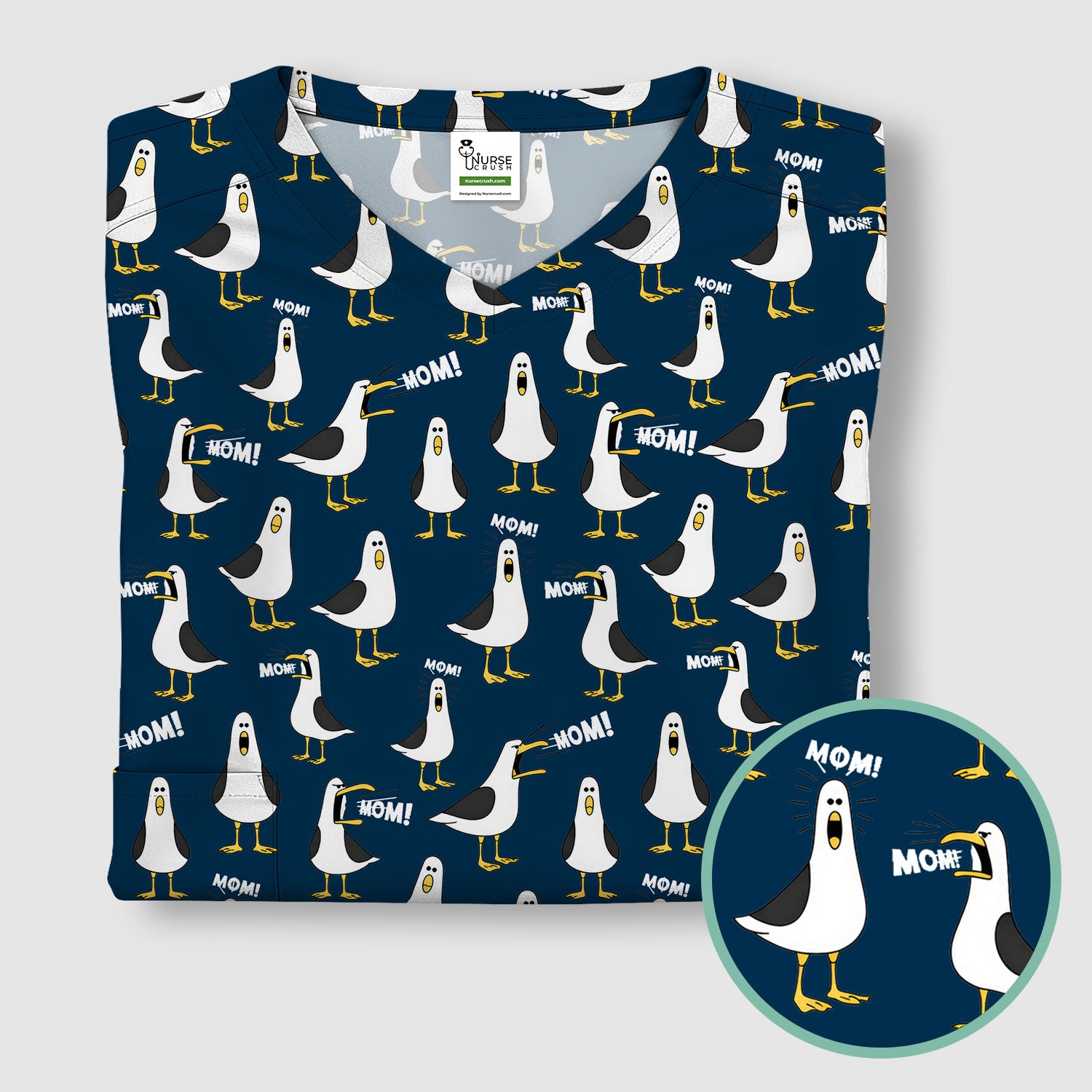 Funny Seagull Mom Seamless Pattern Scrub Top, Comfortable Scrubs for Nurses