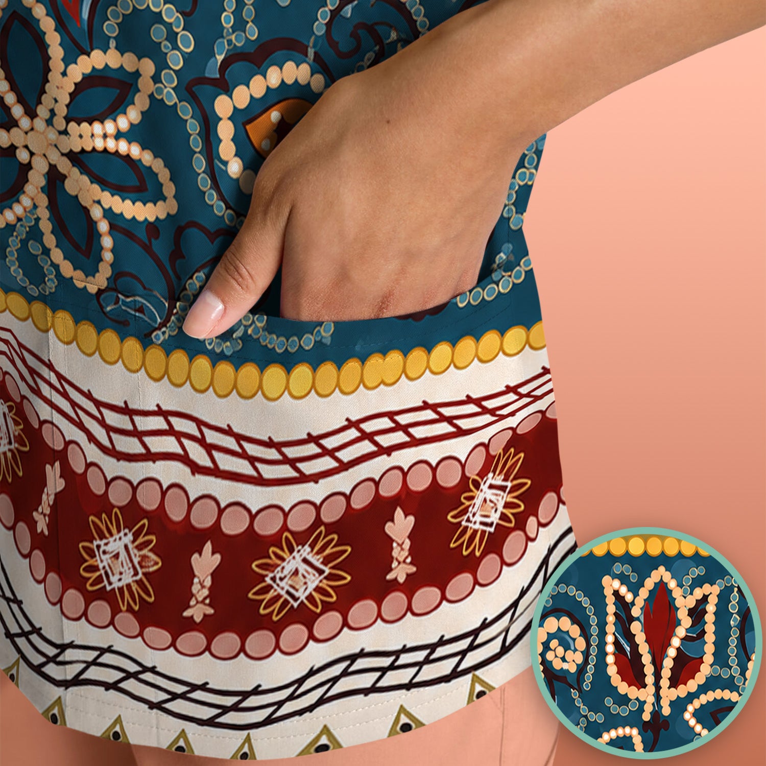 Boho Paisley Floral Stripe Pattern Scrub Top, Comfortable Scrubs for Nurses