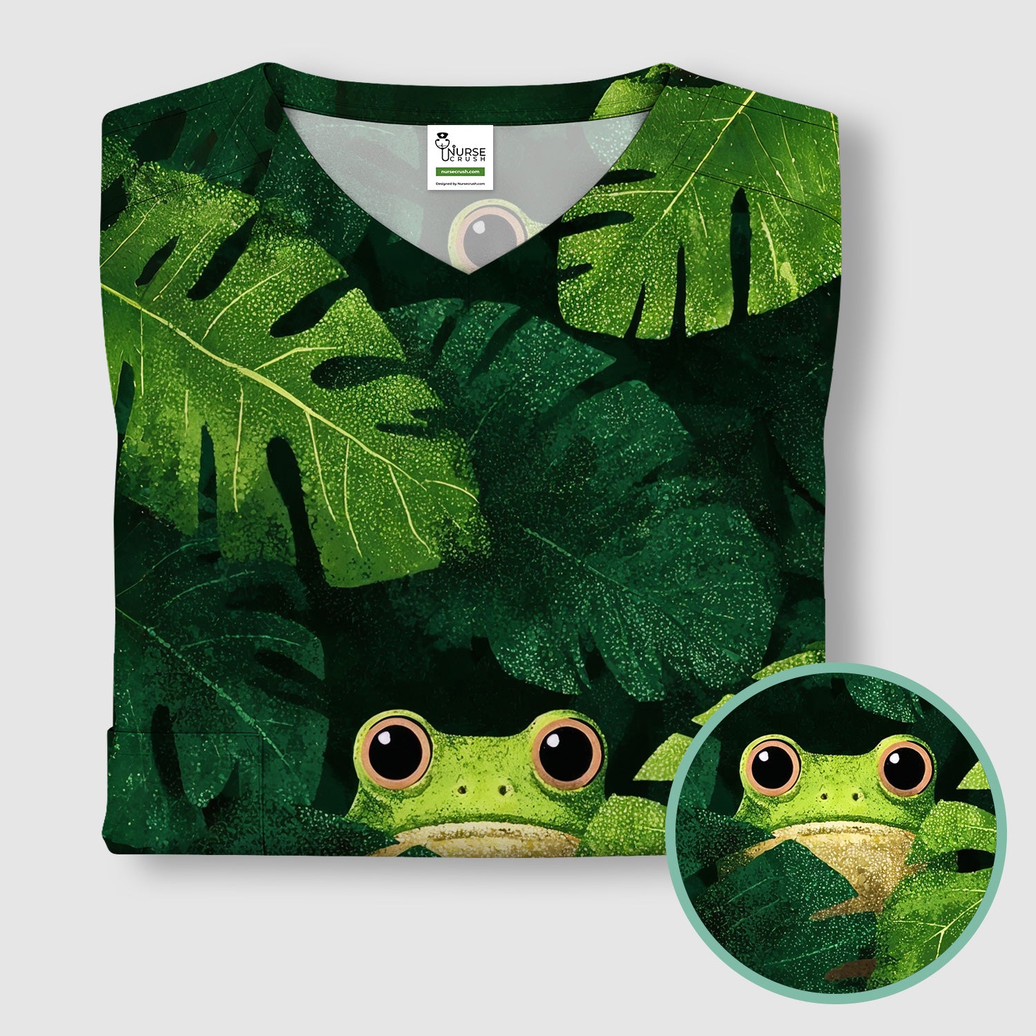 Cute Frog Hiding Jungle Leaves Pattern Nurse Scrub Top, Breathable Fabrics Nursing Uniform