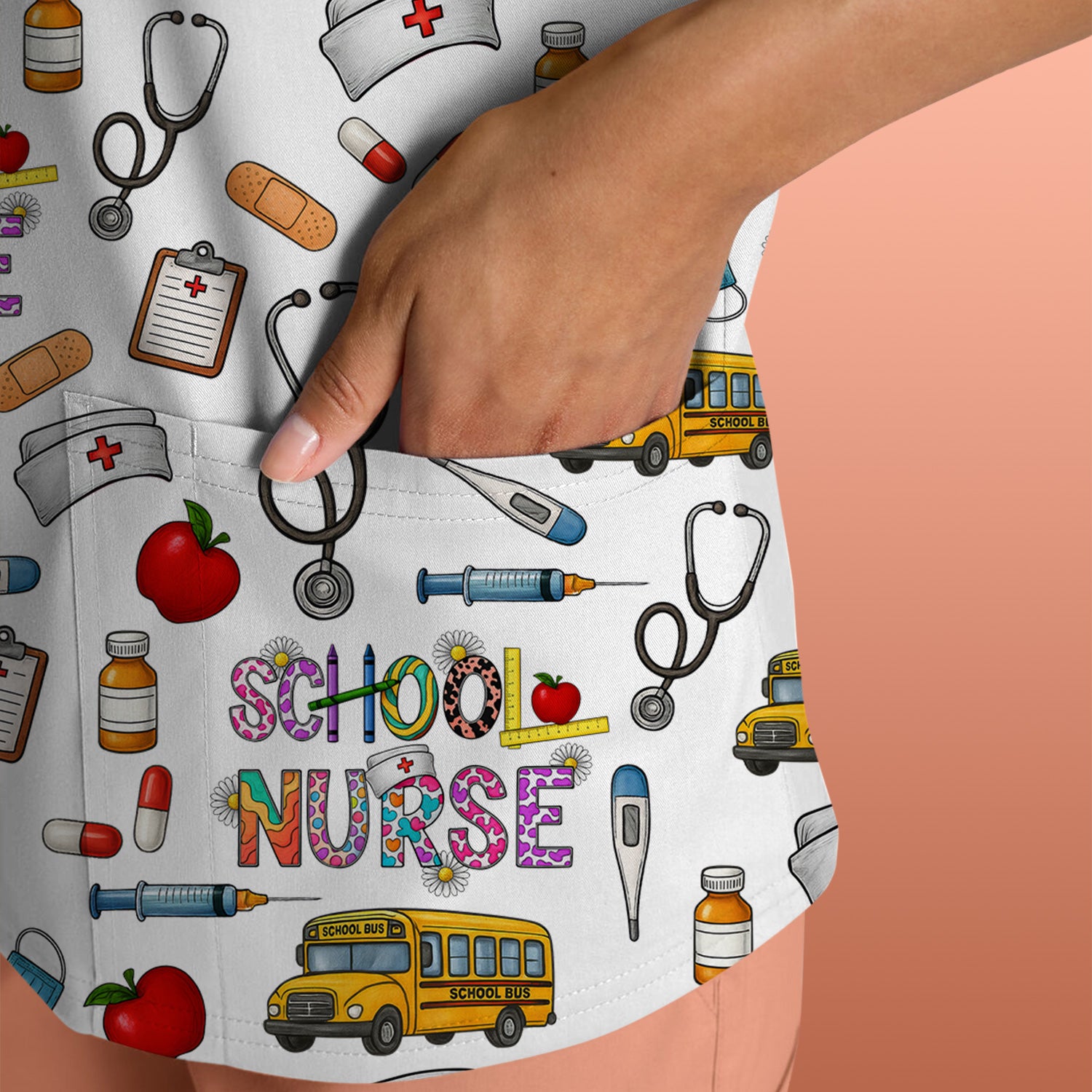 Cute School Nurse Scrub Top - Funny School Bus & Stethoscope Pattern Design - Gift for Women RN LPN