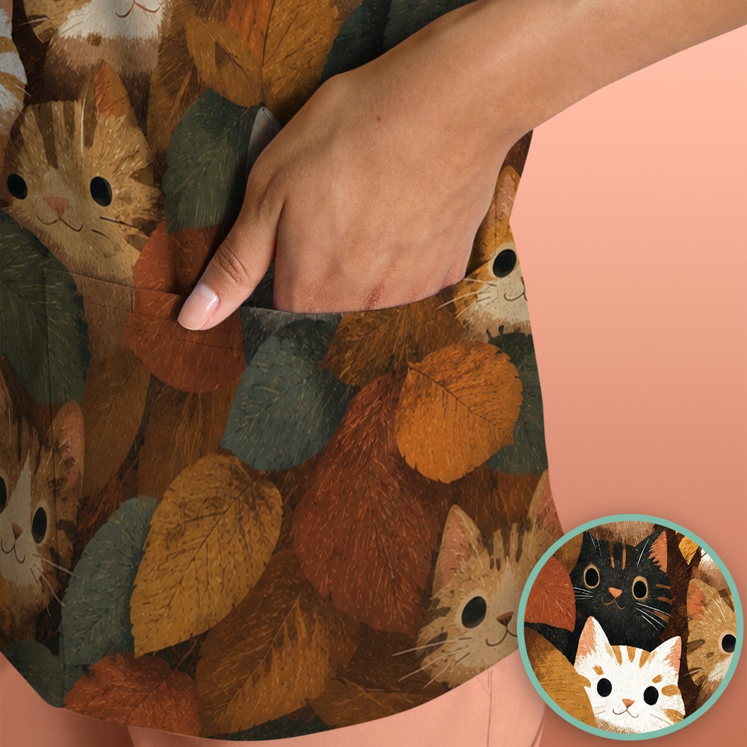 Cute Autumn Cat Leaf Pile Pattern Scrub Top, Comfortable Scrubs for Nurses