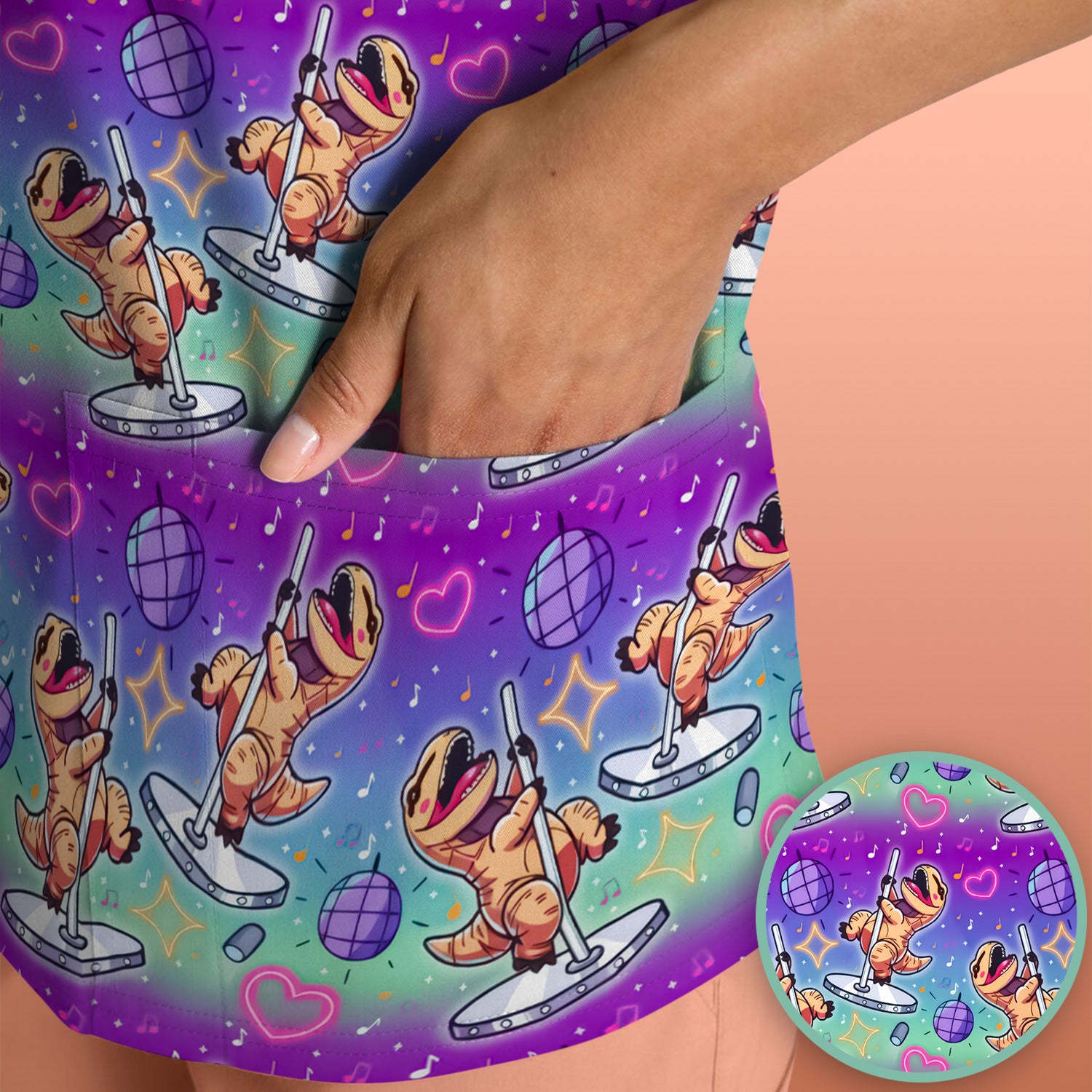 Funny Dancing Dinosaur Disco Party Pattern Nurse Scrub Top, Comfortable Scrubs for Nurses