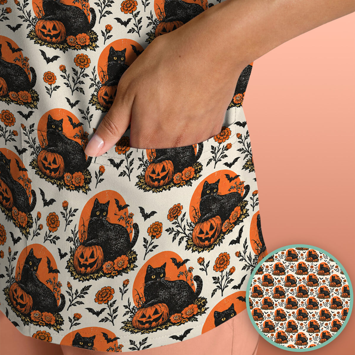 Halloween Black Cat Energy Pattern Scrub Top, Comfortable Scrubs for Nurses