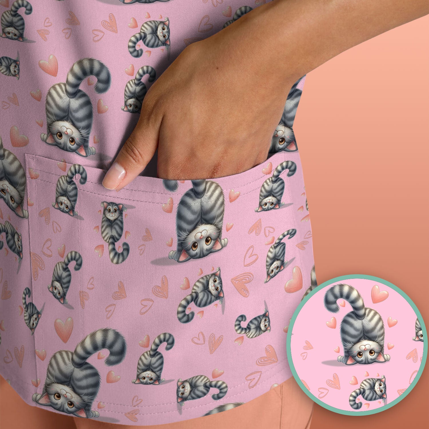 Valentine Cute Cat Scrub Top, Cat Heart Pattern Nurse Uniform, Comfortable Scrubs For Nurses