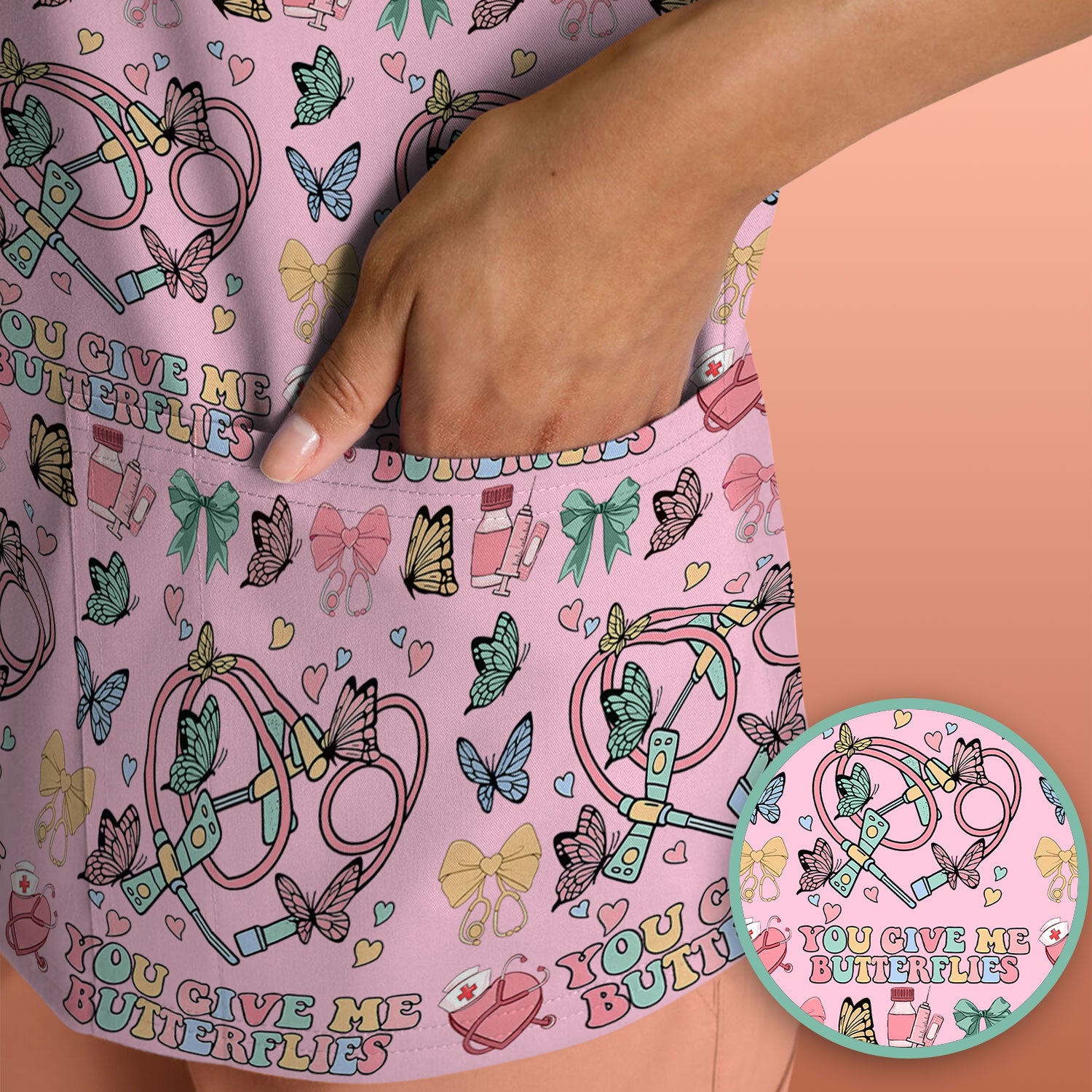 Butterfly Heart Valentine Medical Pattern Scrub Top, Comfortable Scrubs for Nurses