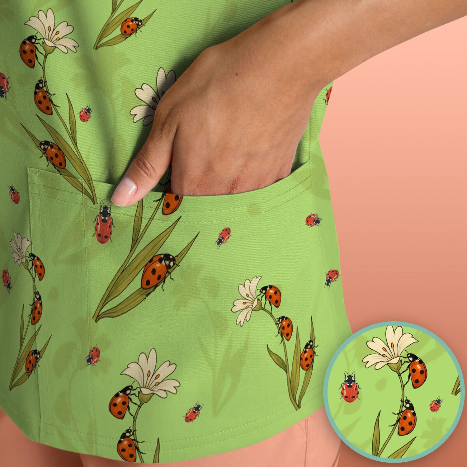 Fresh Daisy Ladybug Garden Pattern Scrub Top, Comfortable Scrubs For Nurses
