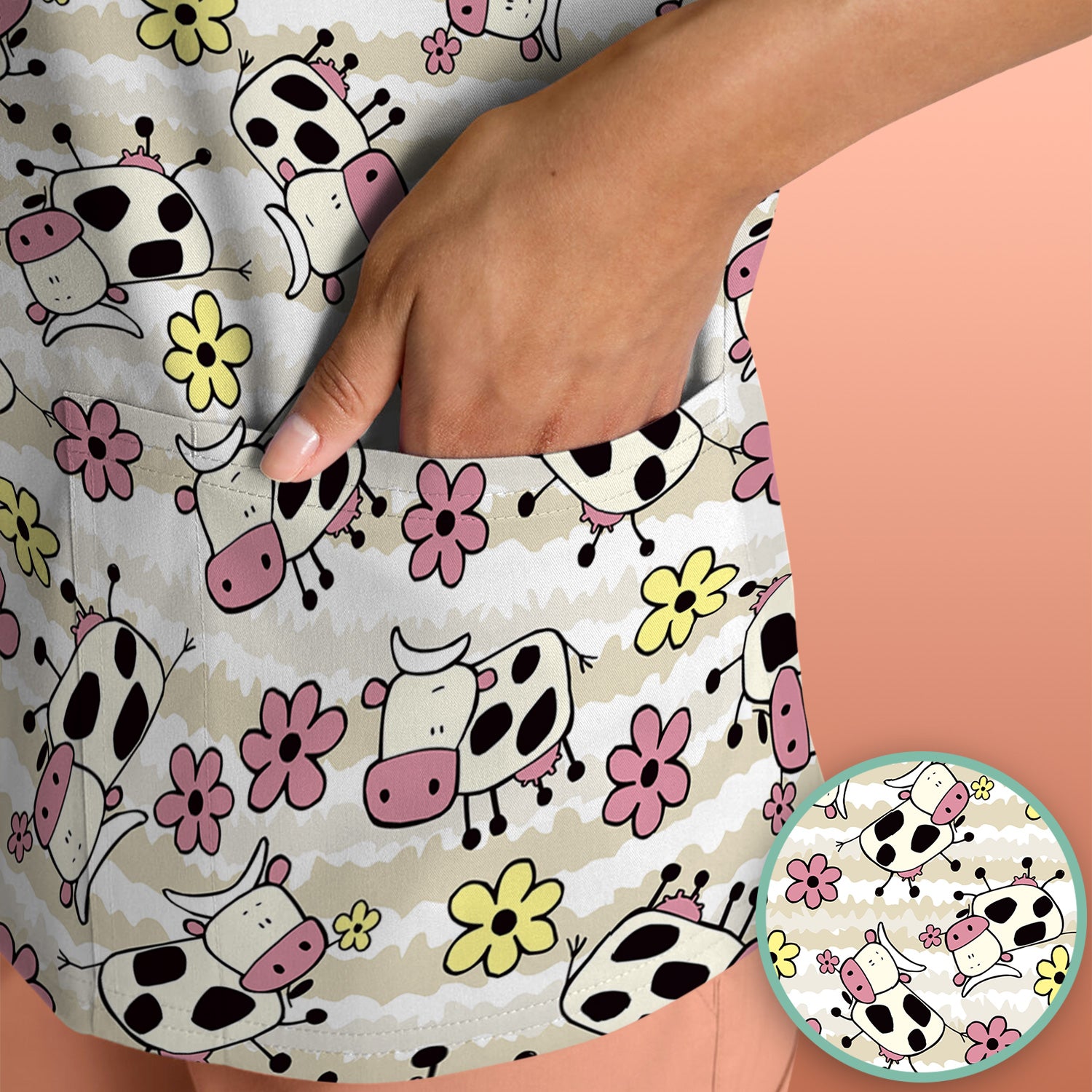 Cute Cartoon Cow Flower Meadow Pattern Nurse Scrub Top, Comfortable Scrubs for Nurses