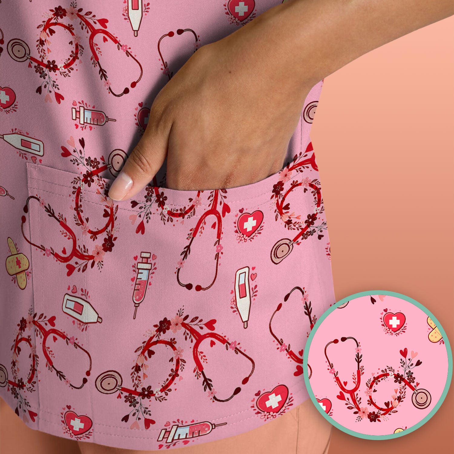 Heart Stethoscope Medical Pattern Scrub Top, Breathable Fabrics Nursing Uniform