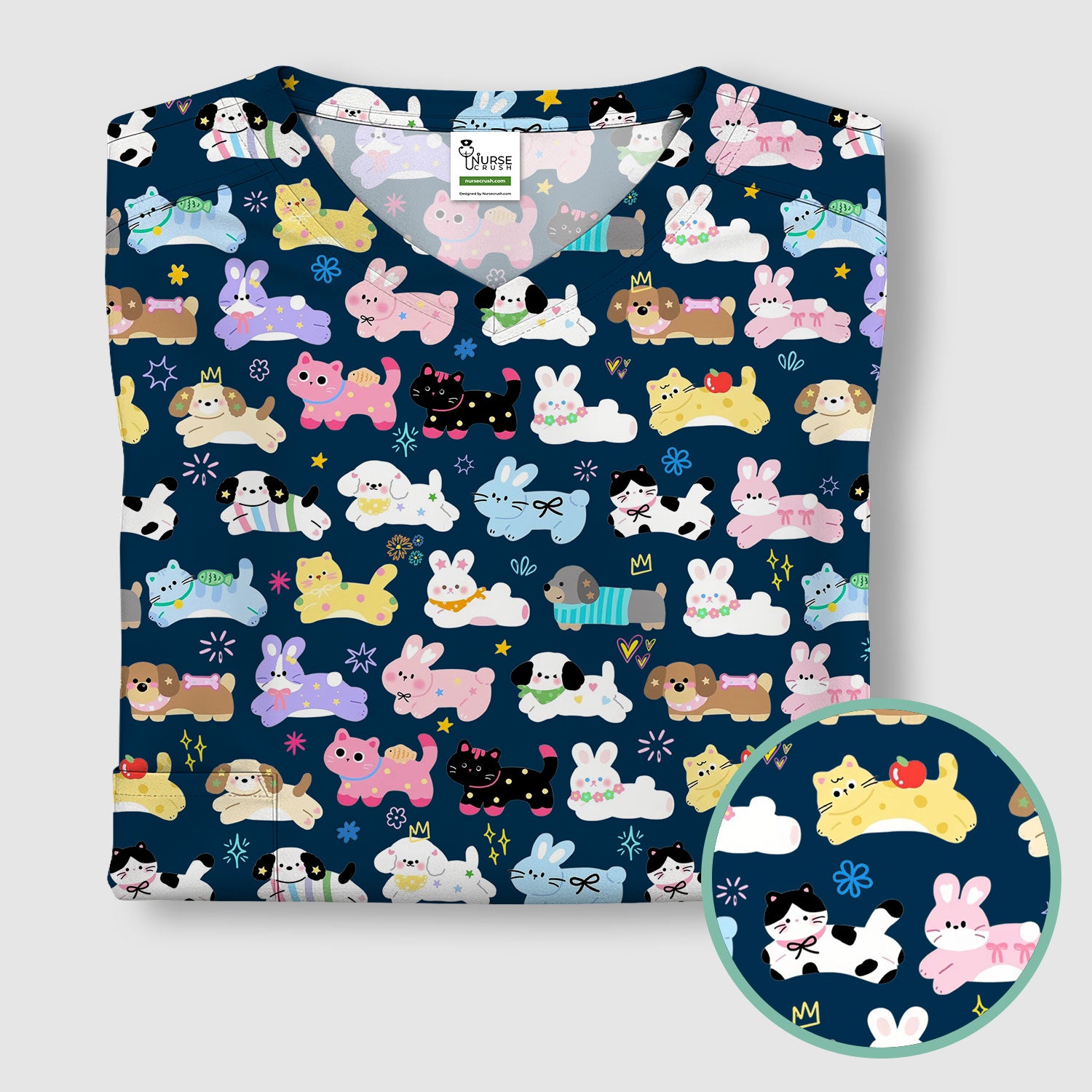 Cute Kawaii Animal Pattern Scrub Top for Women, Breathable Nursing Uniform