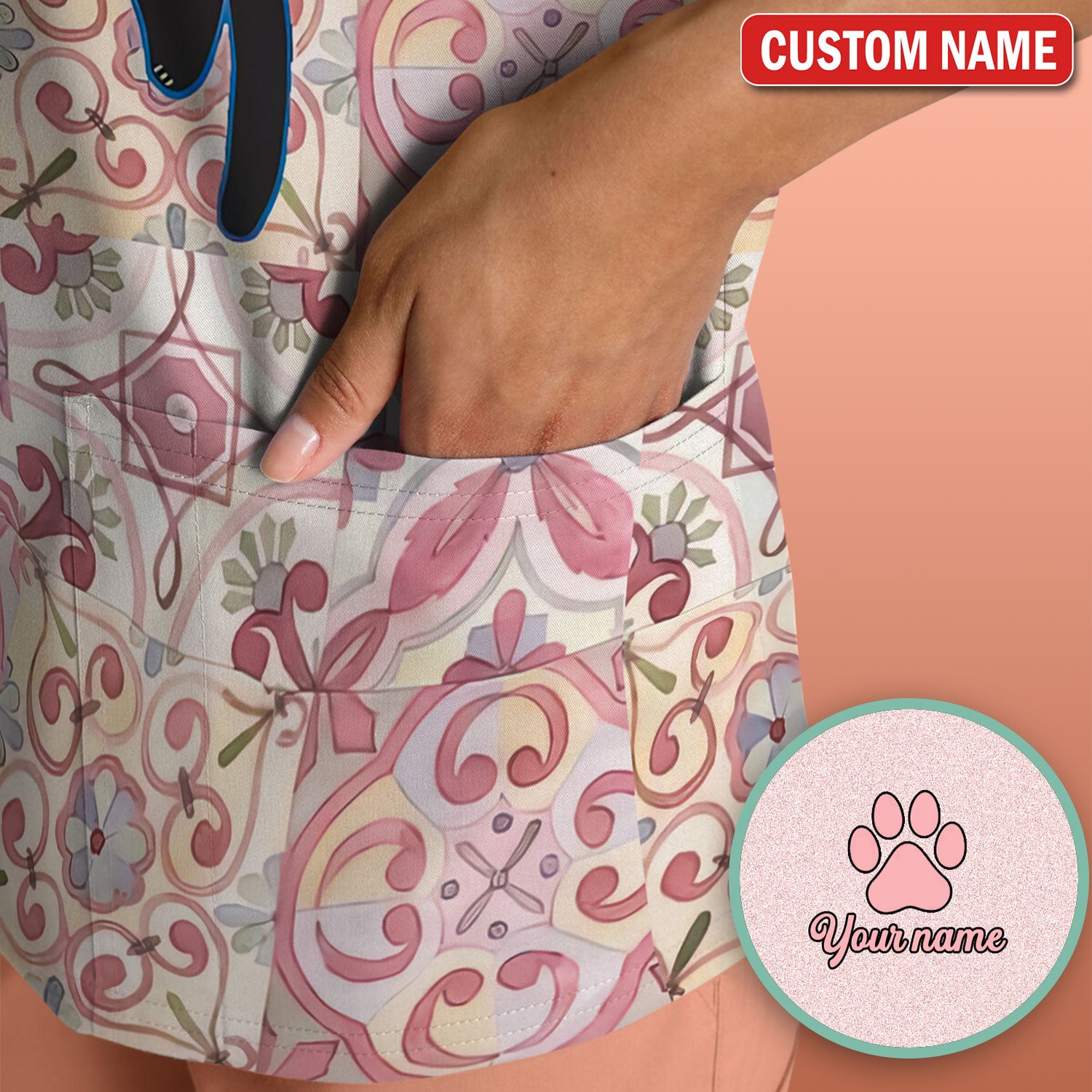 Custom Name Pink Floral Nurse Shirt, Personalized Black Cat Scrub Top For Women, Breathable Fabrics Nursing Uniform
