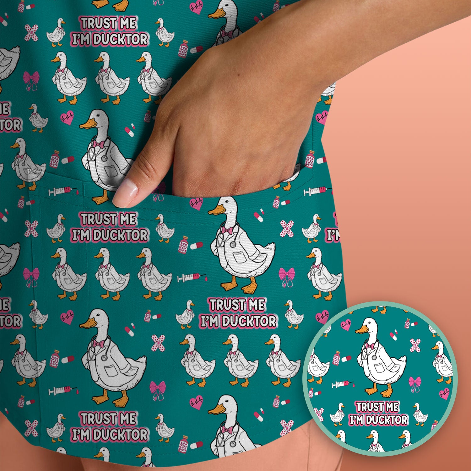 Trust Me I'm Ducktor Scrub Top, Funny Duck Pattern Scrub Shirt, Breathable Fabrics Nursing Uniform For Women