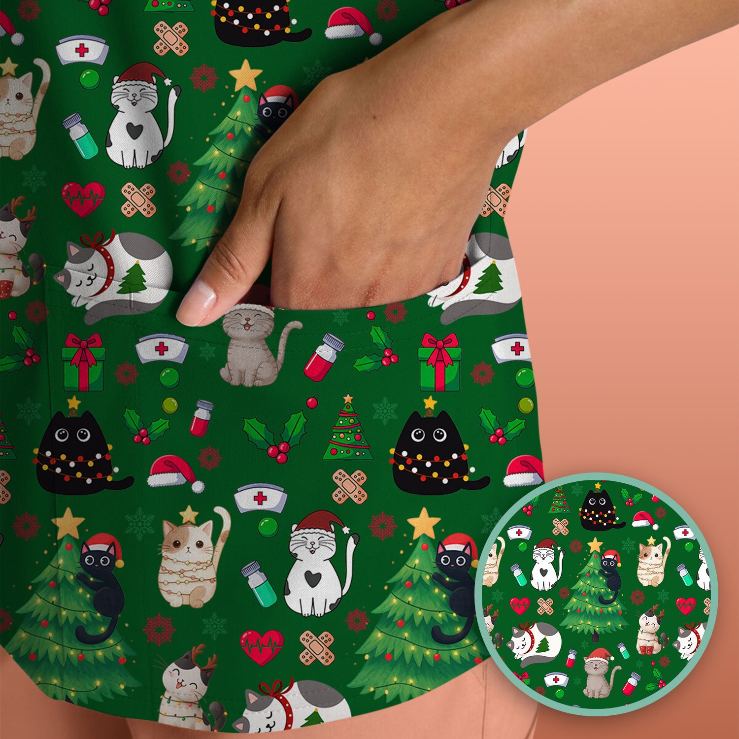 Christmas Cat Scrub Top, Xmas Pet Pattern Scrub Shirt, Breathable Fabrics Nursing Uniform