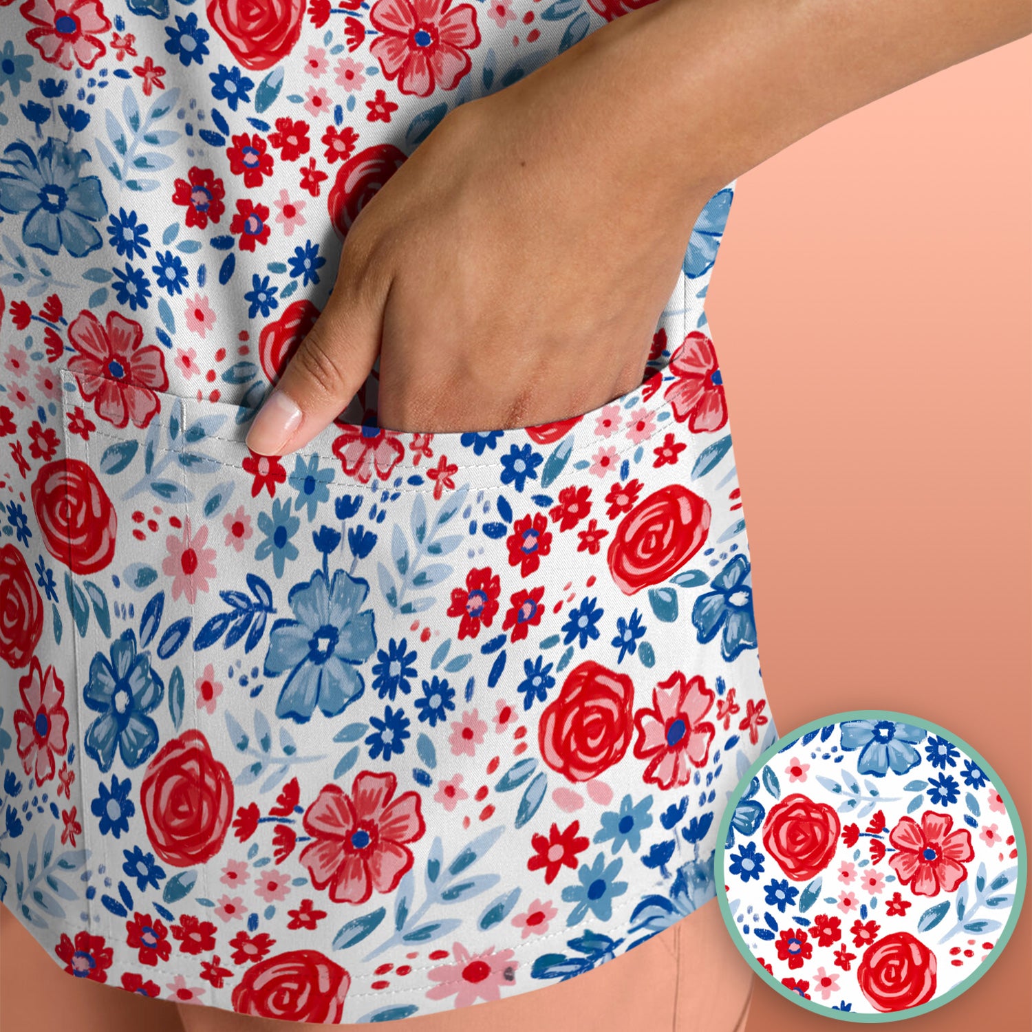 Red Blue Floral Garden Blossom Pattern Scrub Top, Comfortable Scrubs for Nurses