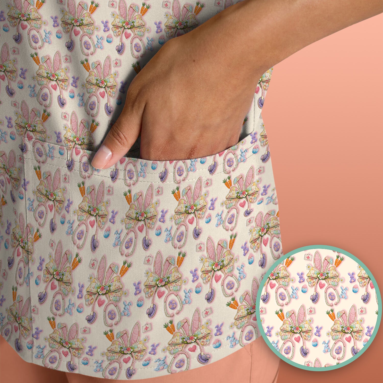 Easter Bunny Stethoscope Pastel Print Scrub Top, Comfortable Scrubs for Nurses