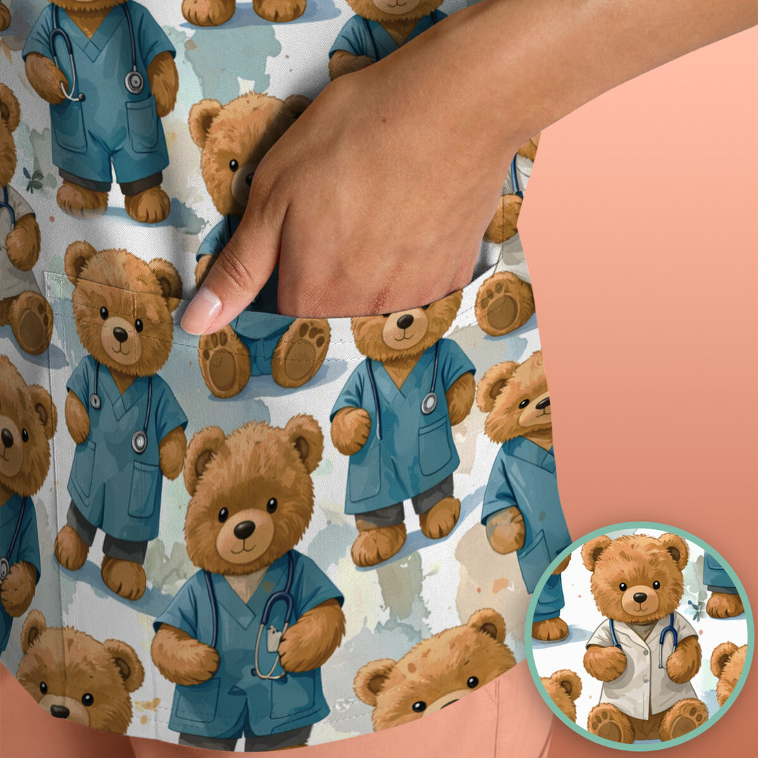 Teddy Bear Doctor Character Pattern Scrub Top, Comfortable Scrubs for Nurses