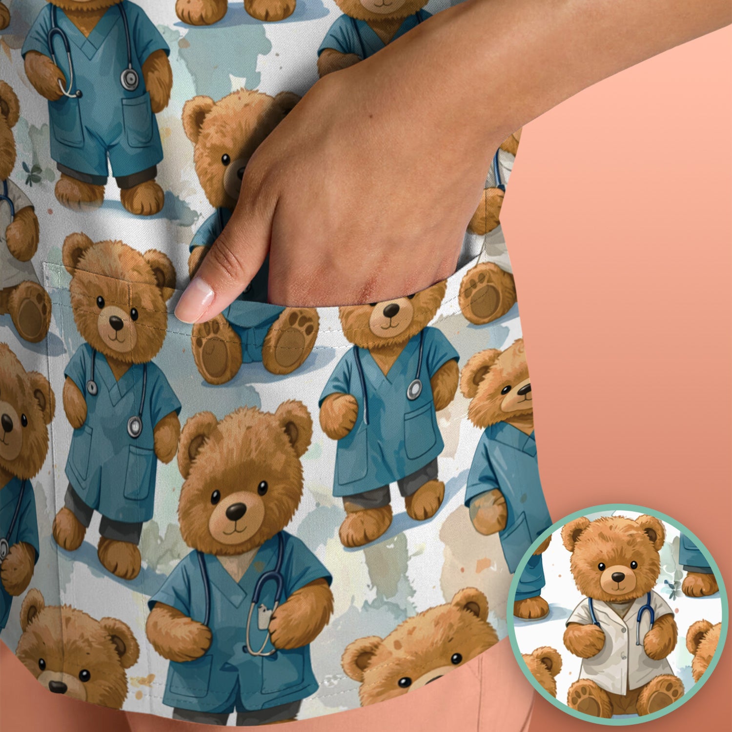 Teddy Bear Doctor Character Pattern Scrub Top, Comfortable Scrubs for Nurses