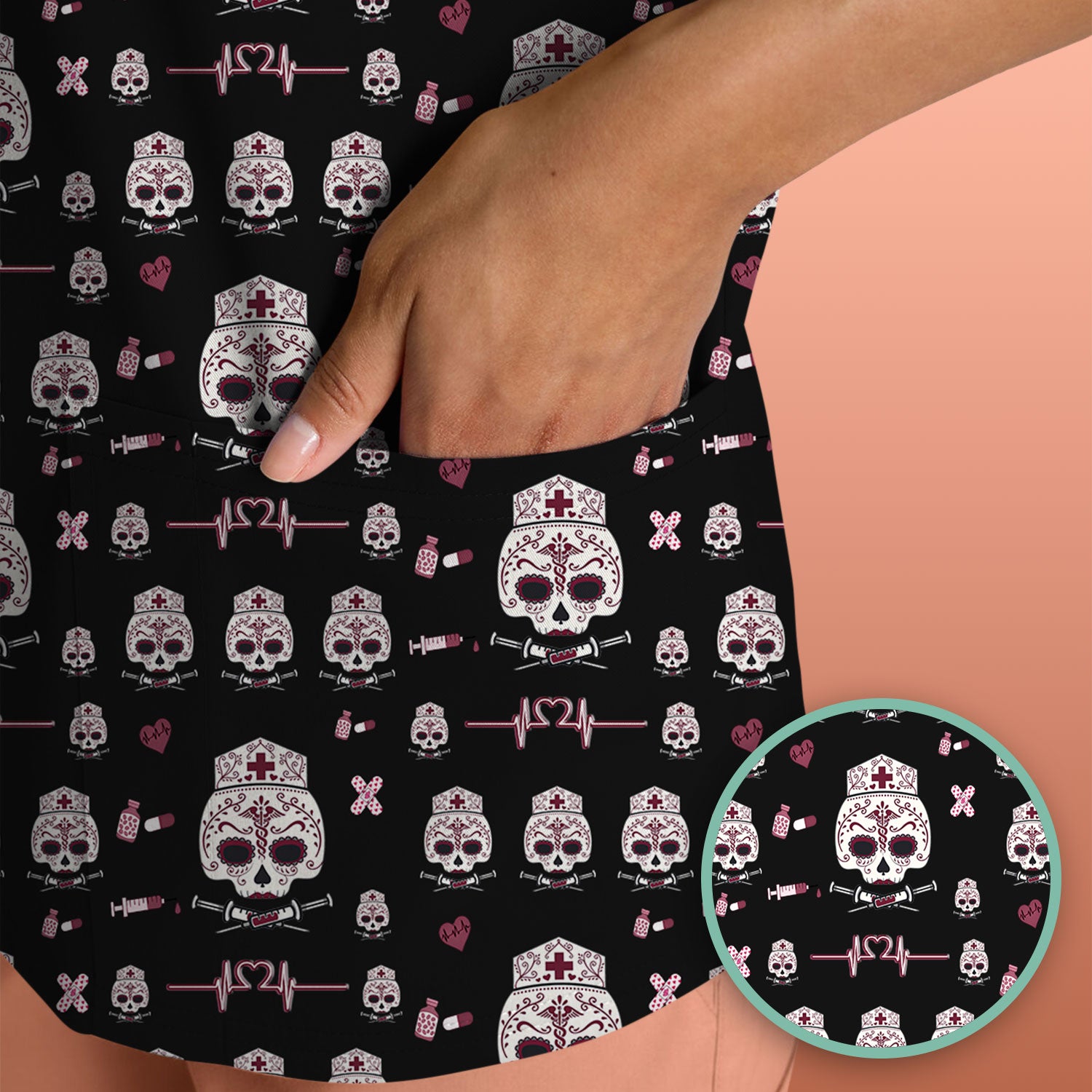 Sugar Skull Scrub Top, Skull Pattern Scrub Shirt, Breathable Fabrics Nursing Uniform