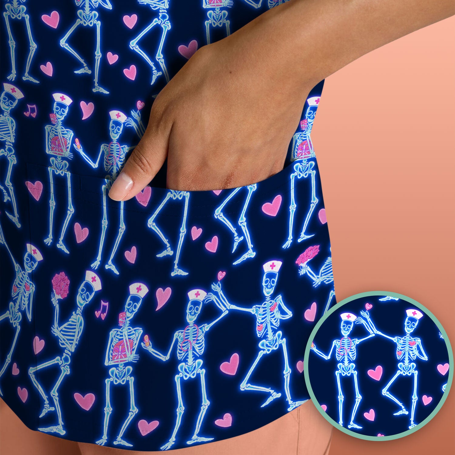 Skeleton Nurse Heart Pattern Scrub Top, Playful Nurse Style, Breathable Fabrics Nursing Uniform