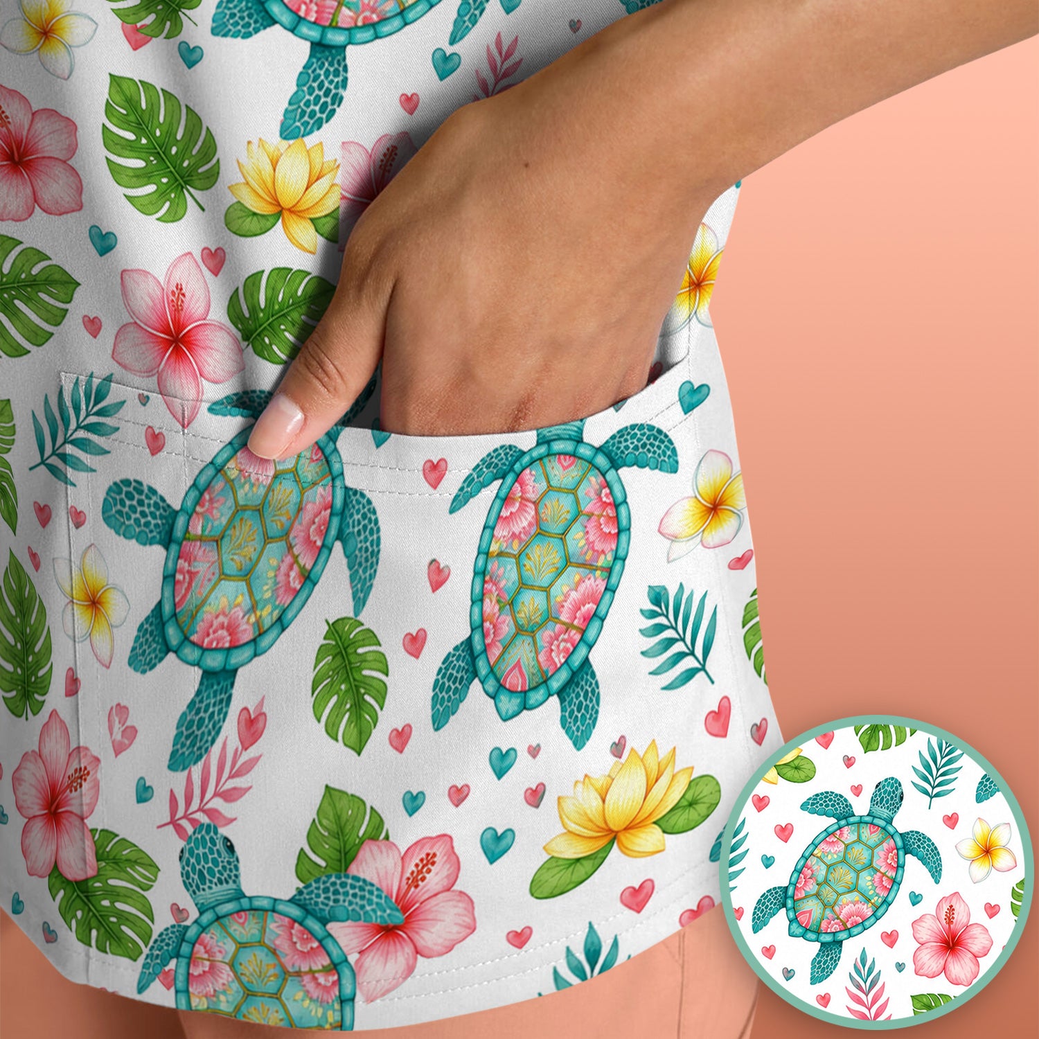 Tropical Sea Turtle Floral Pattern Scrub Top, Comfortable Scrubs for Nurses