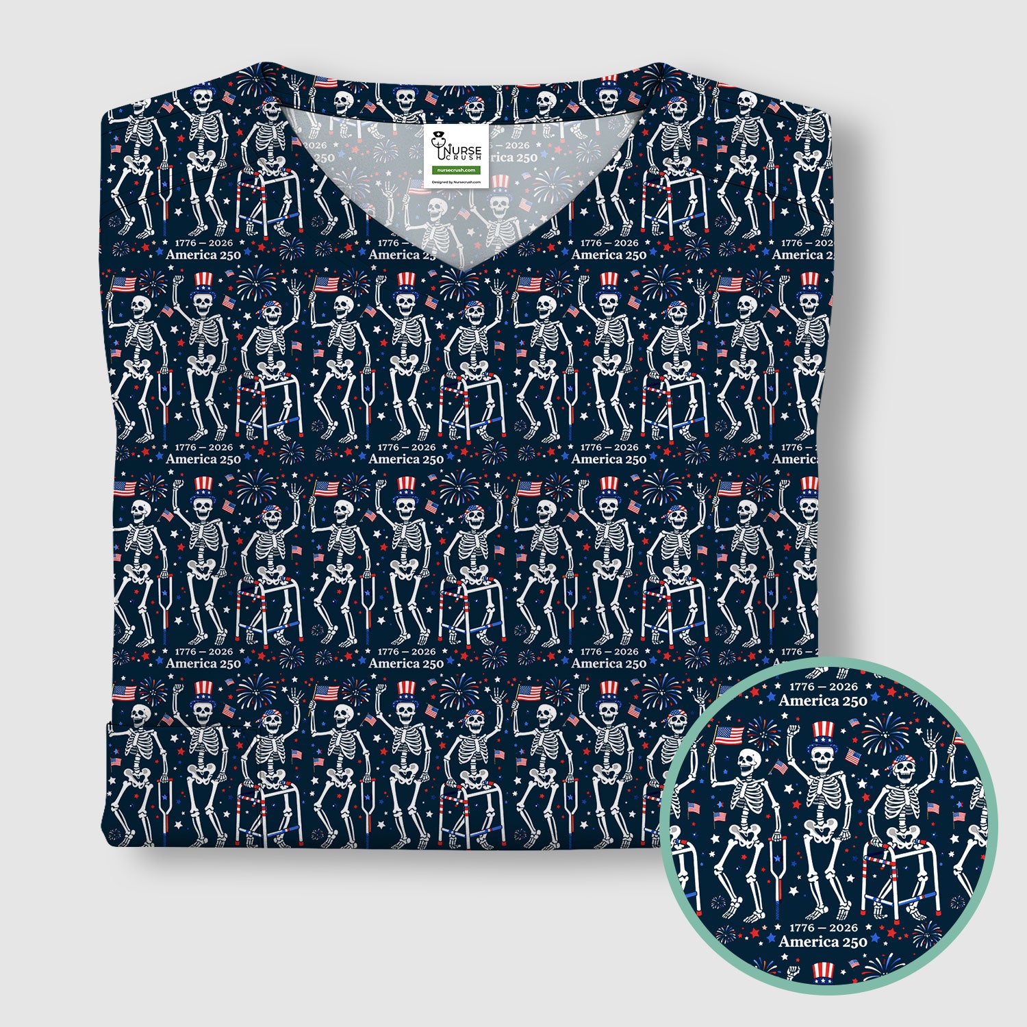 Festive Patriotic Skeleton America 250 Pattern Scrub Top, Comfortable Scrubs For Nurses