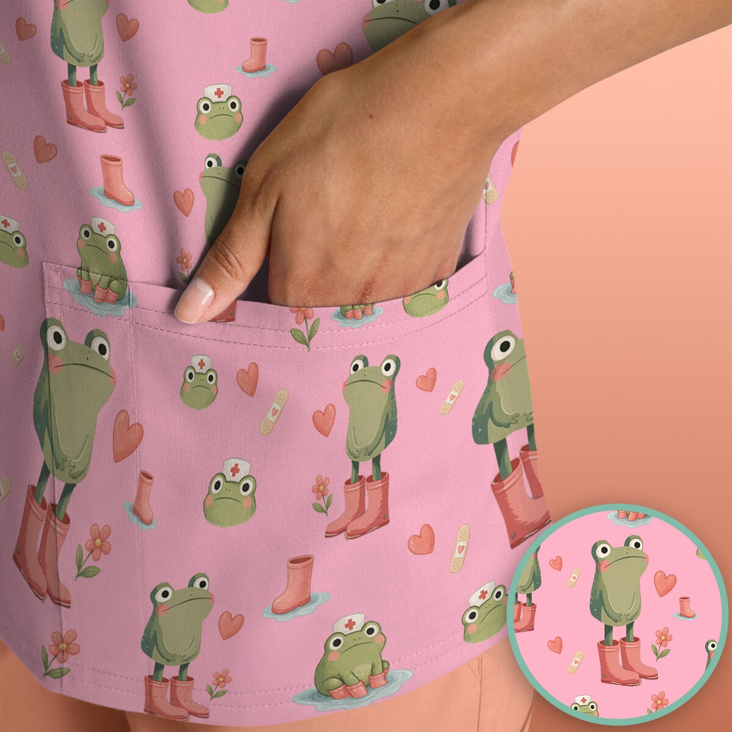 Adorable Frog Boots Heart Pattern Scrub Top, Comfortable Scrubs for Nurses