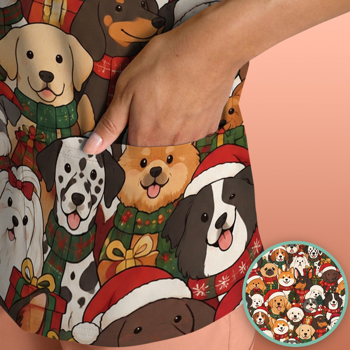 Christmas Dog Breeds Collage Pattern Scrub Top, Comfortable Scrubs for Nurses