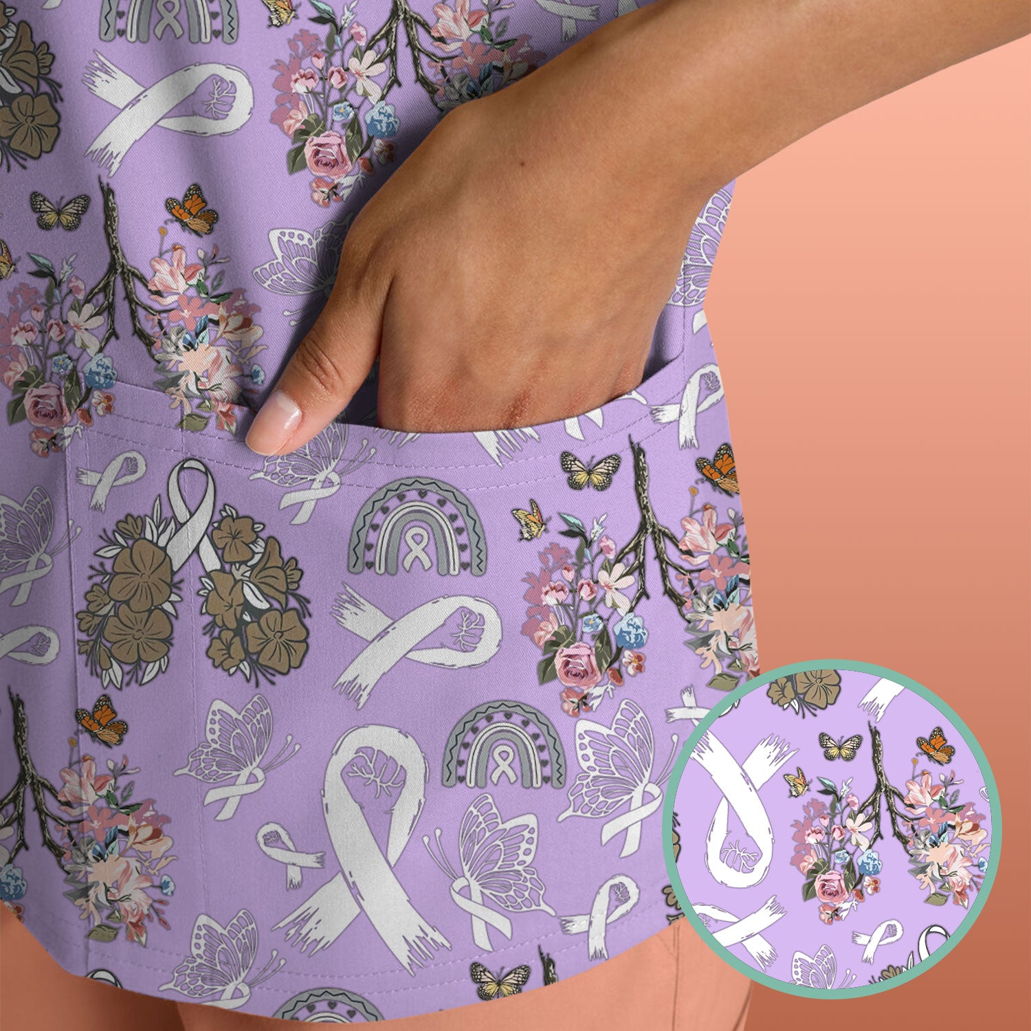 Lung Cancer Awareness Scrub Top for Women - White Ribbon Butterfly Floral Medical Uniform - Comfortable Scrubs for Nurses