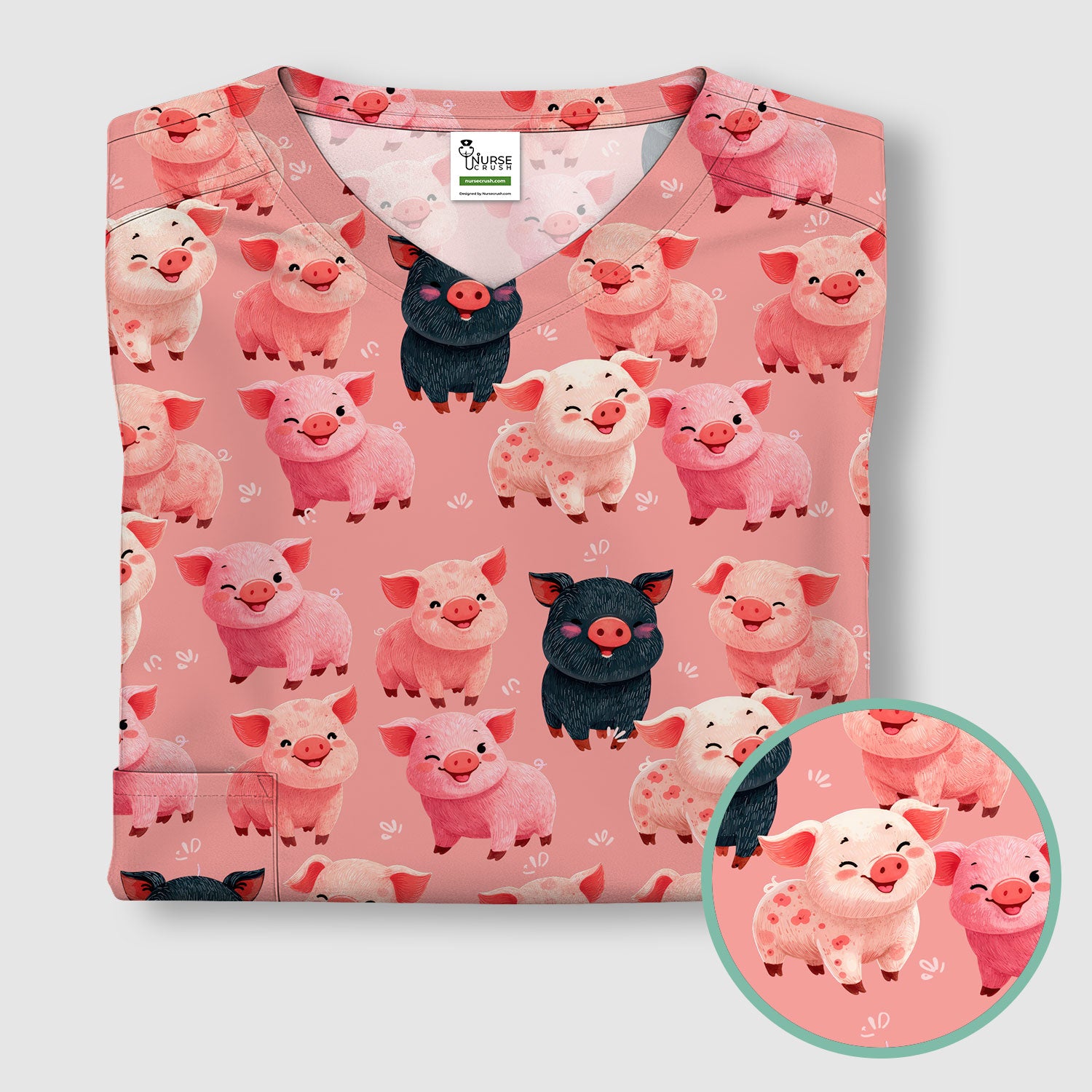 Funny Farm Pig Cartoon Pattern Scrub Top, Comfortable Scrubs for Nurses