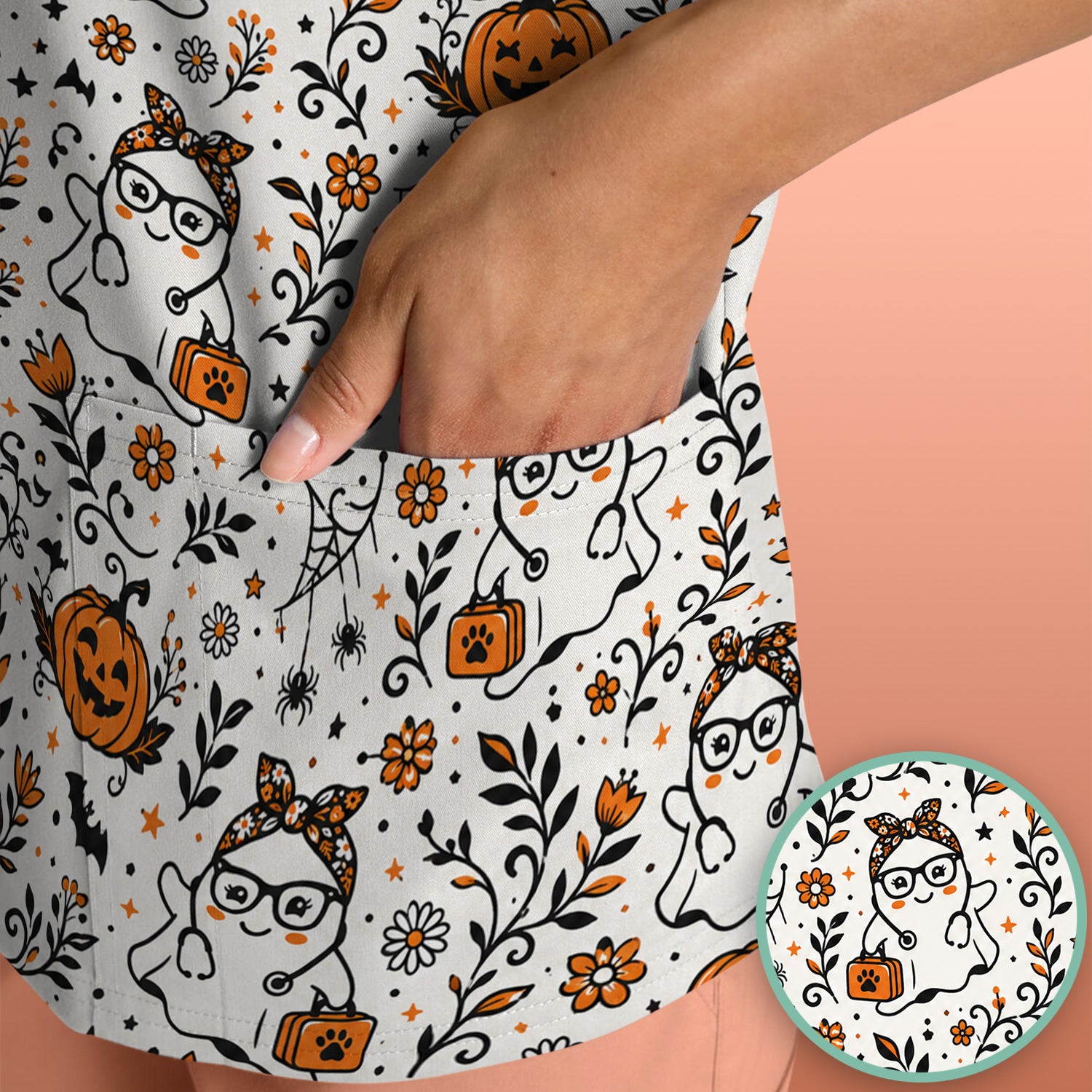 Cute Halloween Nurse Ghost And Pumpkins Scrub Top, Comfortable Scrubs for Nurses